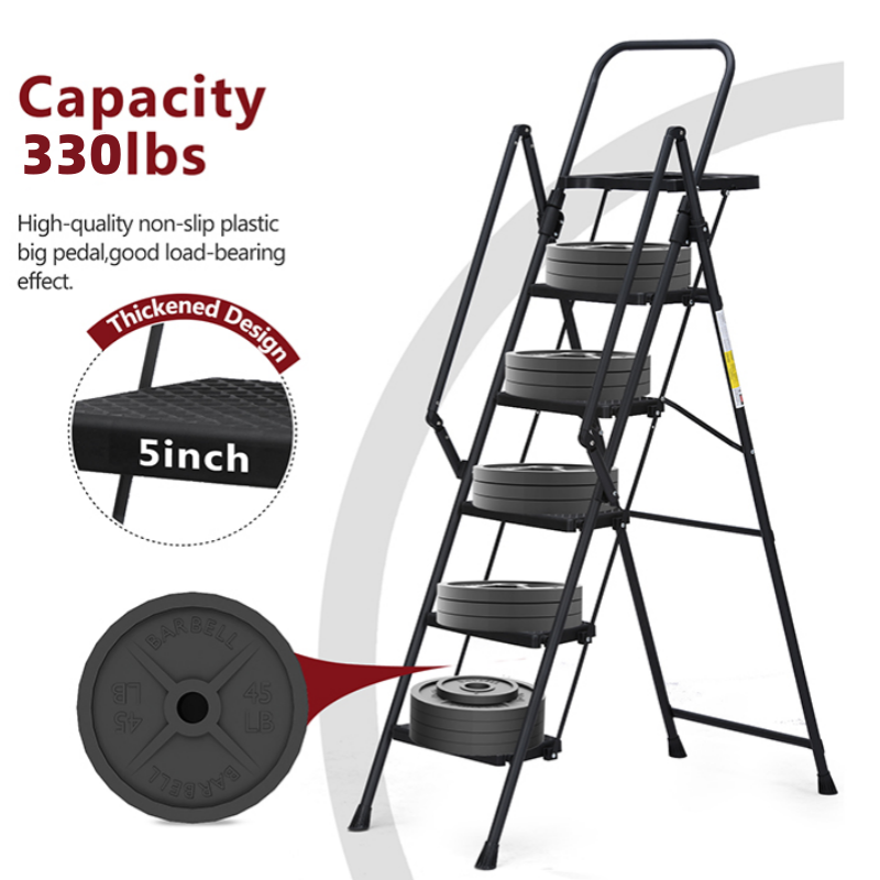 5 Step Ladder with Handrails, Holaki Folding Step Stool with Widened Anti-Slip Pedal, 500lbs Lightweight Step Ladder 6 Step Folding, Multi-Use for Home Kitchen Pantry Office, Black