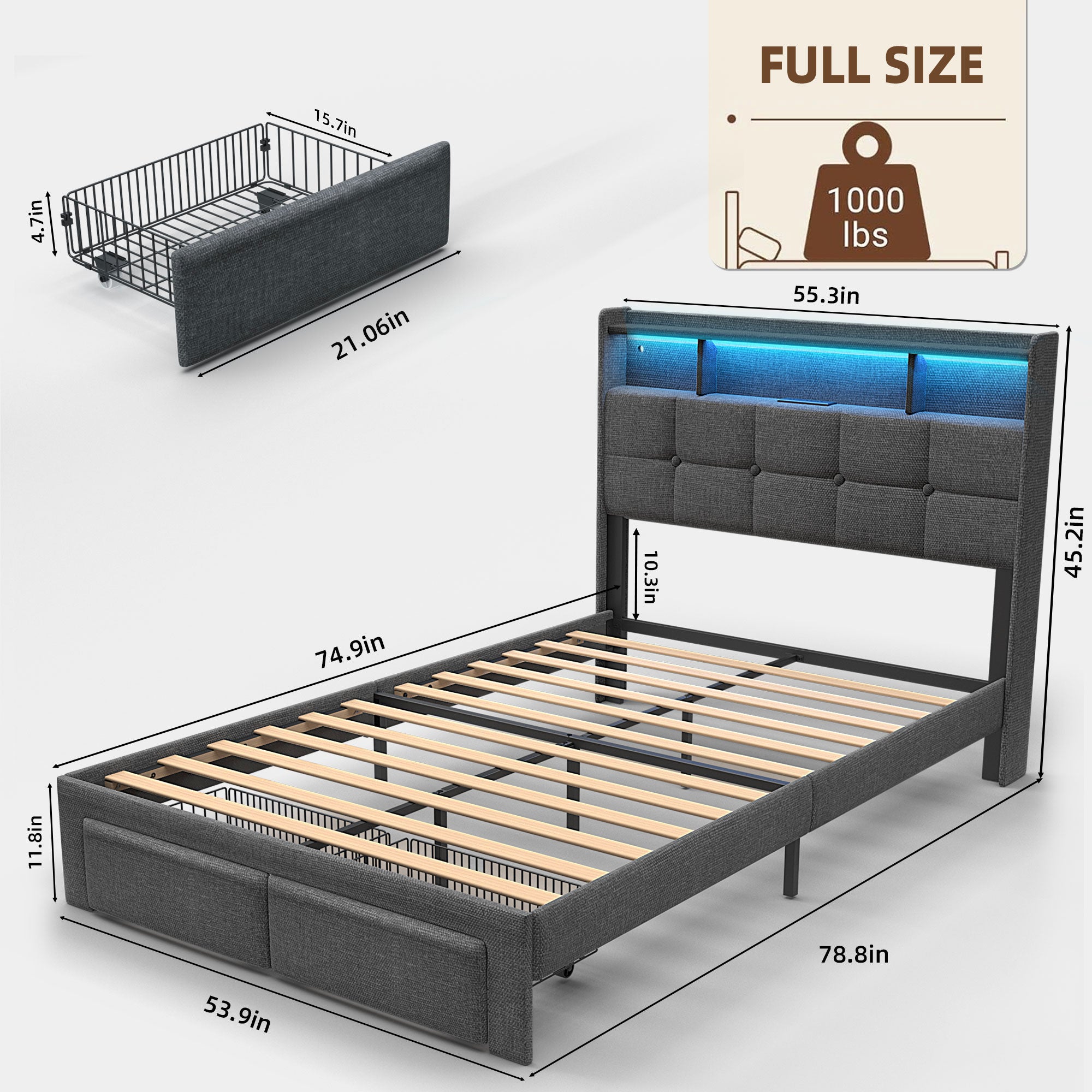 Full Bed Frame with Upholstered Headboard, Holaki Heavy Duty Metal Platform Bed Frame Full Size with 2 Storage Drawers, Charging Station & LED Lights, No Box Spring Needed, Noise Free, Dark Gray