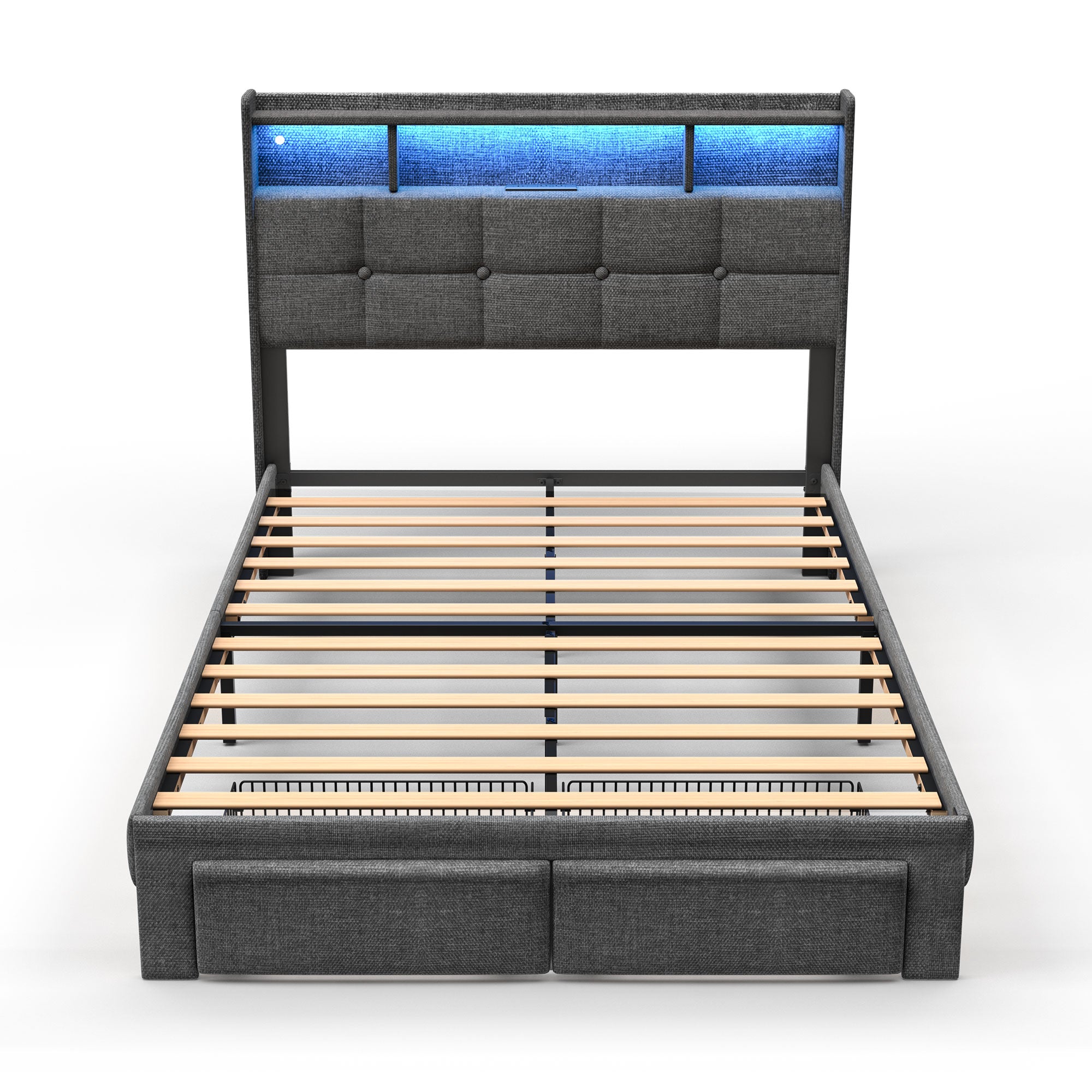 Full Bed Frame with Upholstered Headboard, Holaki Heavy Duty Metal Platform Bed Frame Full Size with 2 Storage Drawers, Charging Station & LED Lights, No Box Spring Needed, Noise Free, Dark Gray