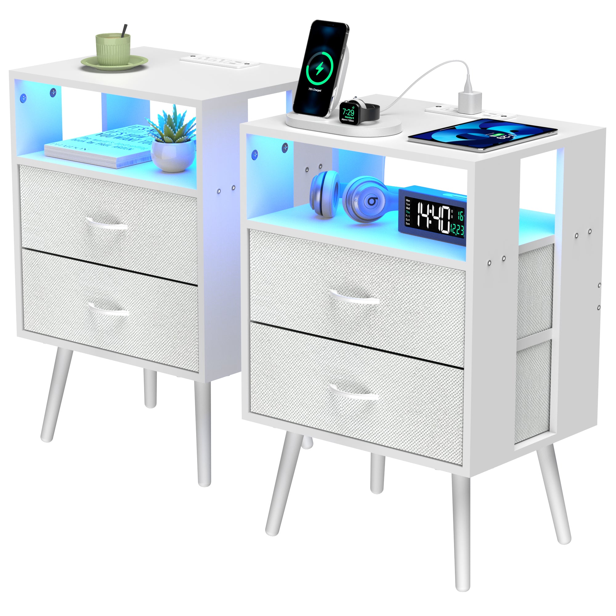 Nightstand Set of 2, Holaki Nightstand with Charging Station for Bedroom, Night Stand with LED Light & Fabric Drawers, Dresser Bedside Table for Living Room, Black