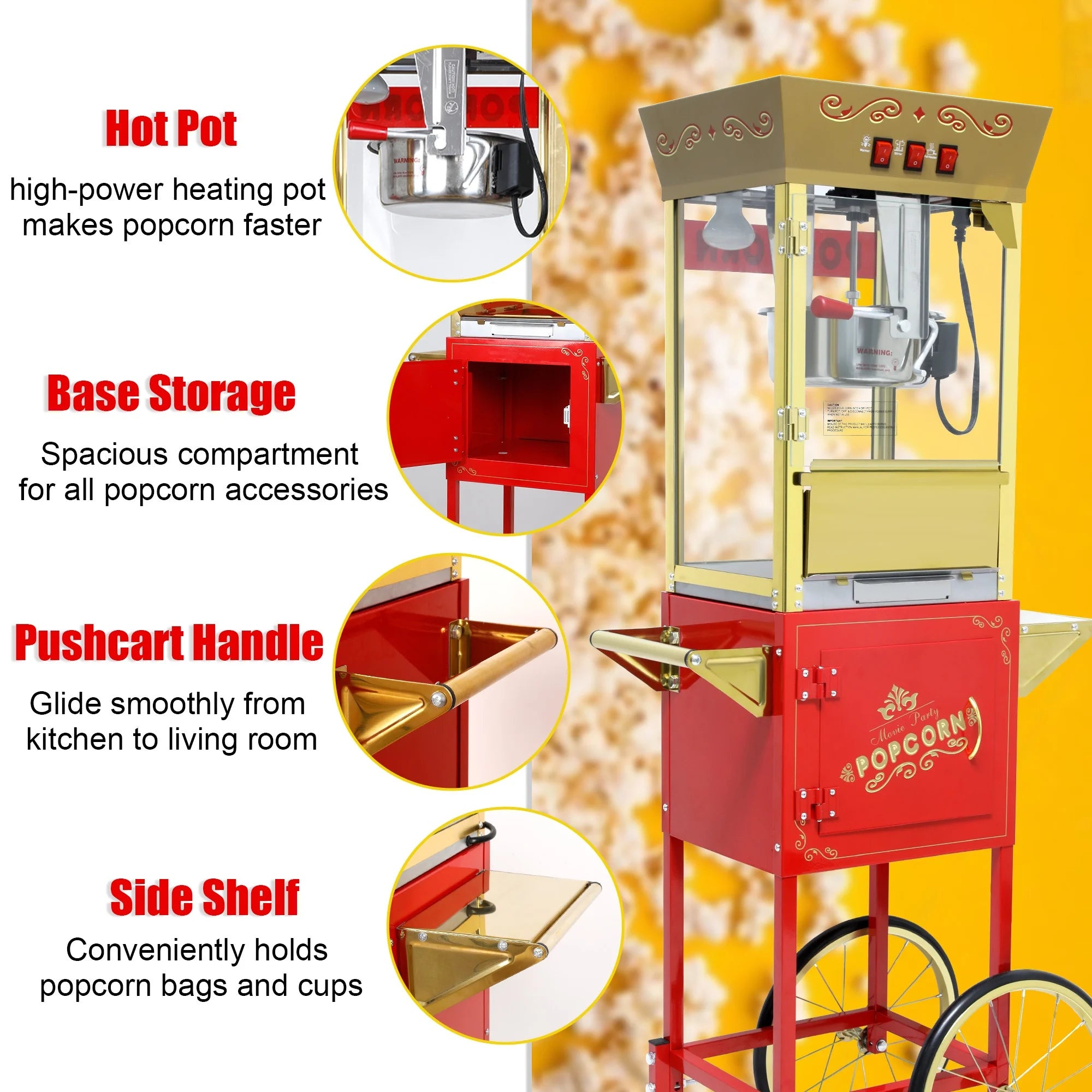 12OZ Popcorn Machine with Cart, Holaki Movie Theater Popcorn Maker Machine with Stainless Steel Kettle, Tempered Glass, 8" Shelf, Popcorn Machine for Kids Party Home, Black