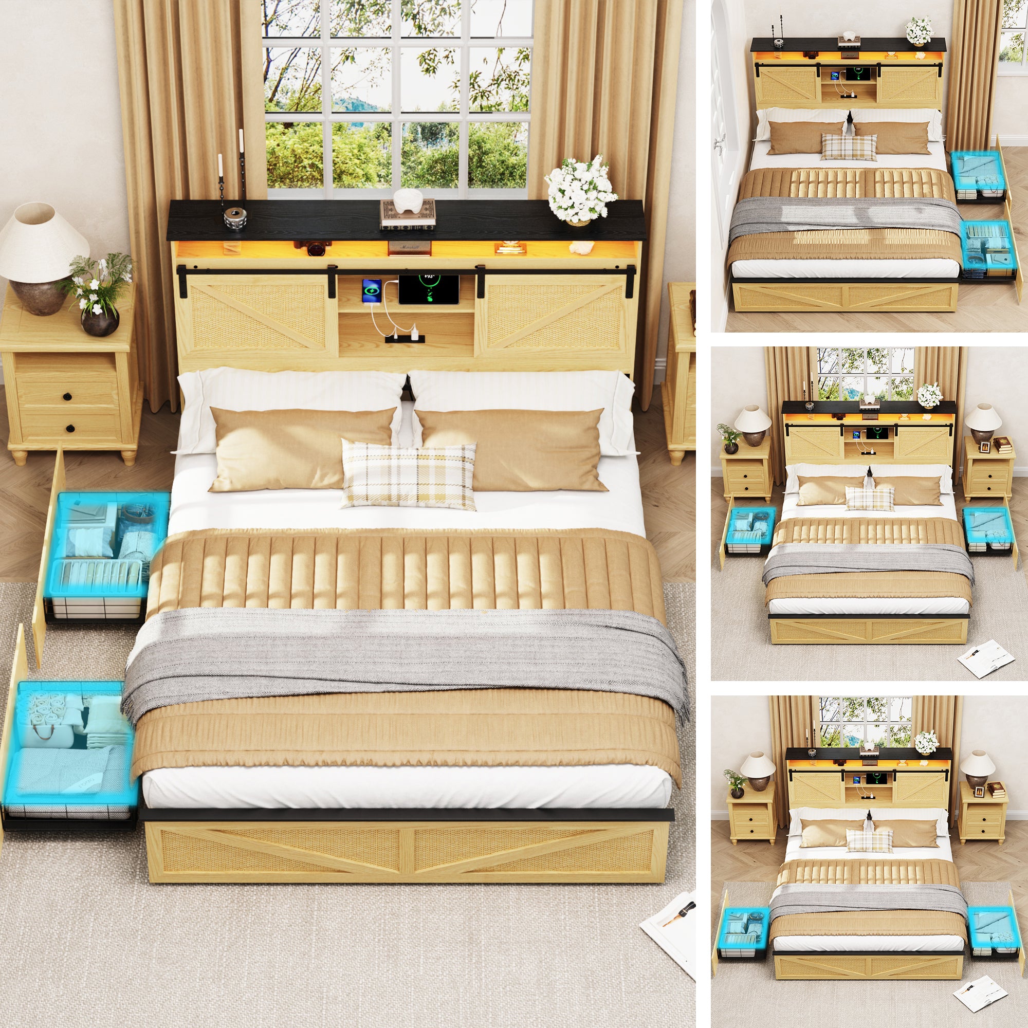 Holaki Farmhouse Queen Size Bed Frame with Storage Headboard, 2 Drawers, Charging Station & RGB LED Lights, Wood Platform Bed with Shelves & Hidden Storage, No Box Spring Required, Dark Brown
