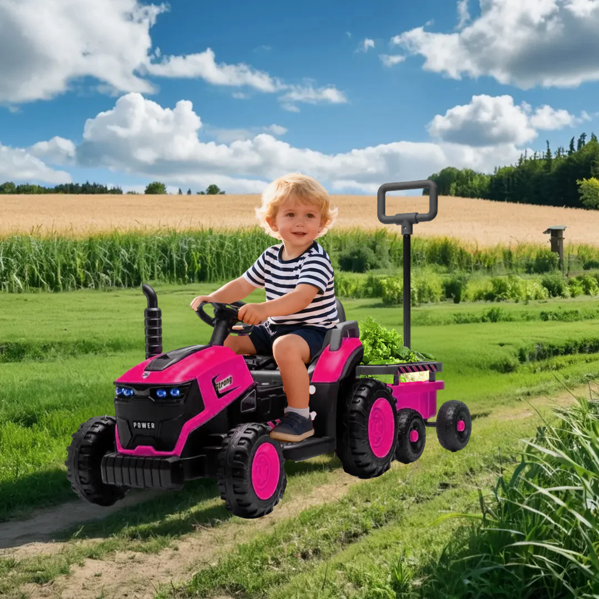 Kids 12V Electric Ride-On Tractor with Trailer, 2-in-1 Bulldozer Farm Tractor Toy Car with LED Lights, Music & Bluetooth, Parental Remote Control, PP Material for Ages 3–6