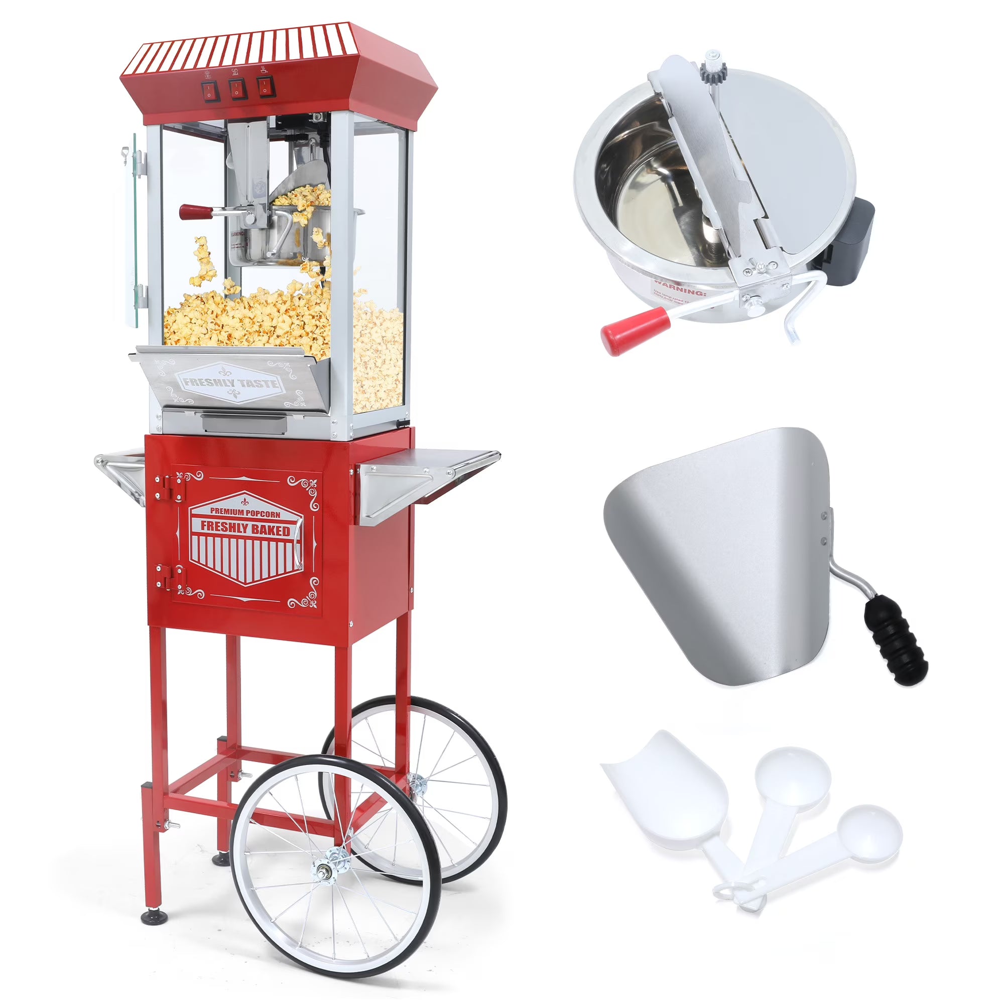 12OZ Popcorn Machine with Cart, Holaki Movie Theater Popcorn Maker Machine with Stainless Steel Kettle, Tempered Glass, 8" Shelf, Popcorn Machine for Kids Party Home, Black