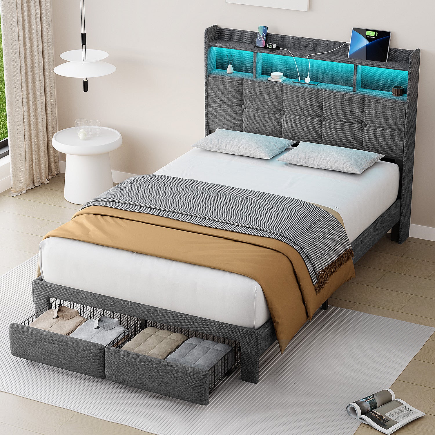 Full Bed Frame with Upholstered Headboard, Holaki Heavy Duty Metal Platform Bed Frame Full Size with 2 Storage Drawers, Charging Station & LED Lights, No Box Spring Needed, Noise Free, Dark Gray