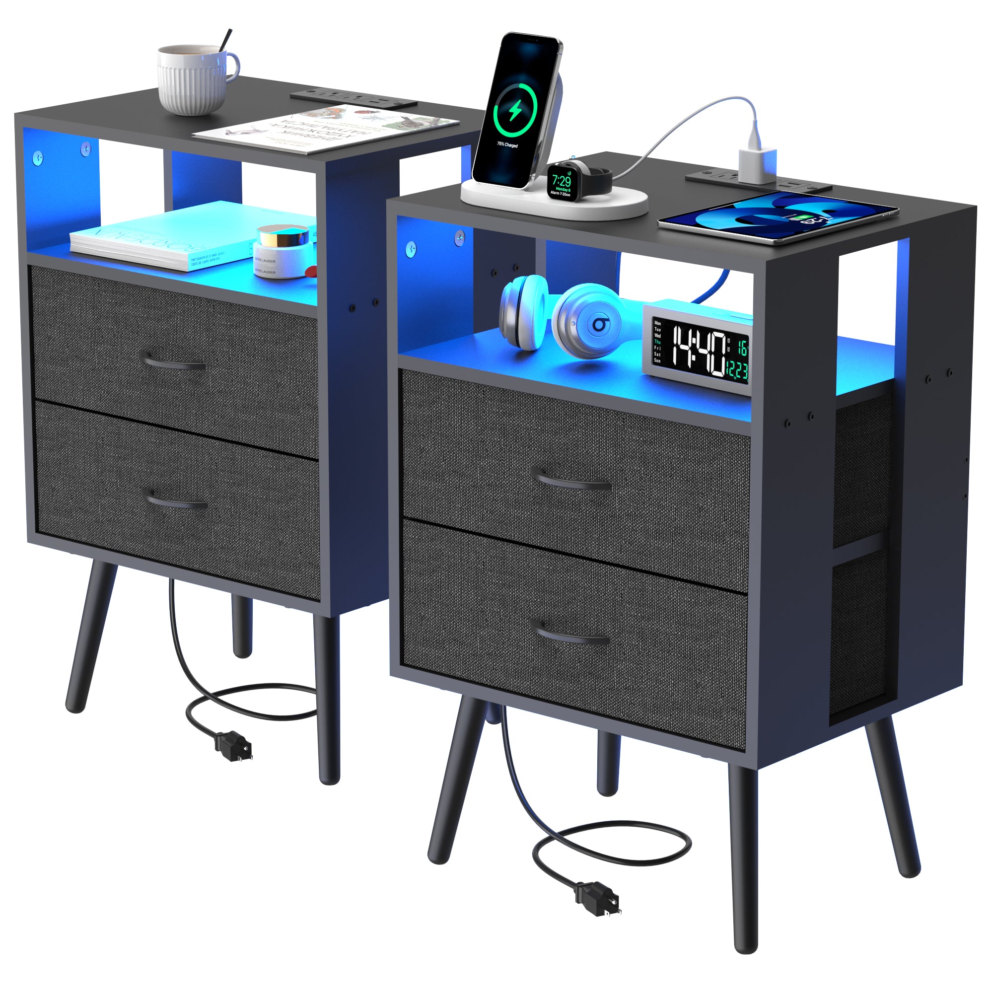 Nightstand Set of 2, Holaki Nightstand with Charging Station for Bedroom, Night Stand with LED Light & Fabric Drawers, Dresser Bedside Table for Living Room, Black
