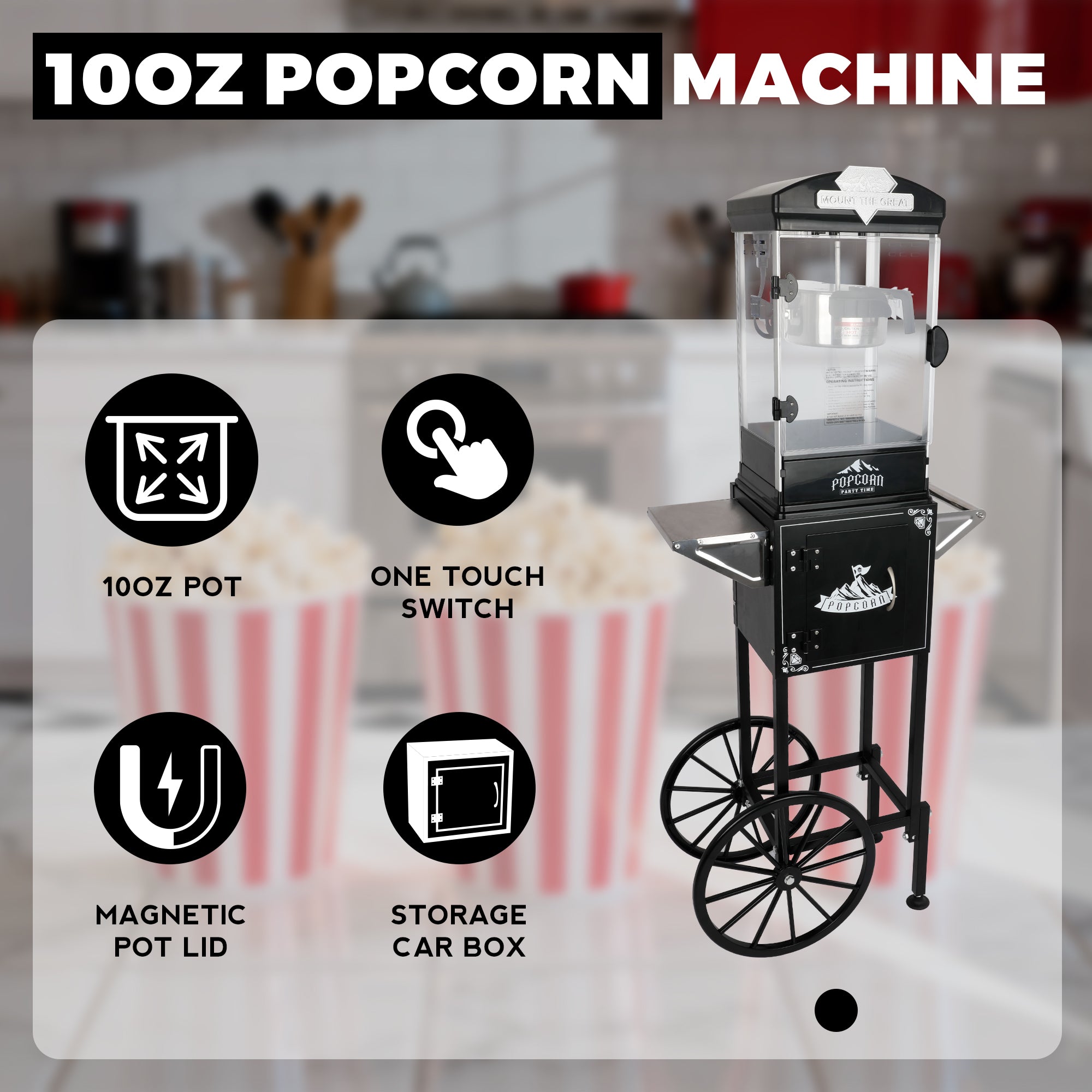 10 Oz Popcorn Machine Cart with Wheel, Holaki Popcorn Maker Machine with Stainless-Steel Kettle Makes Up to 40 Cups, Popcorn Machine for Commercial Home Movie Theater