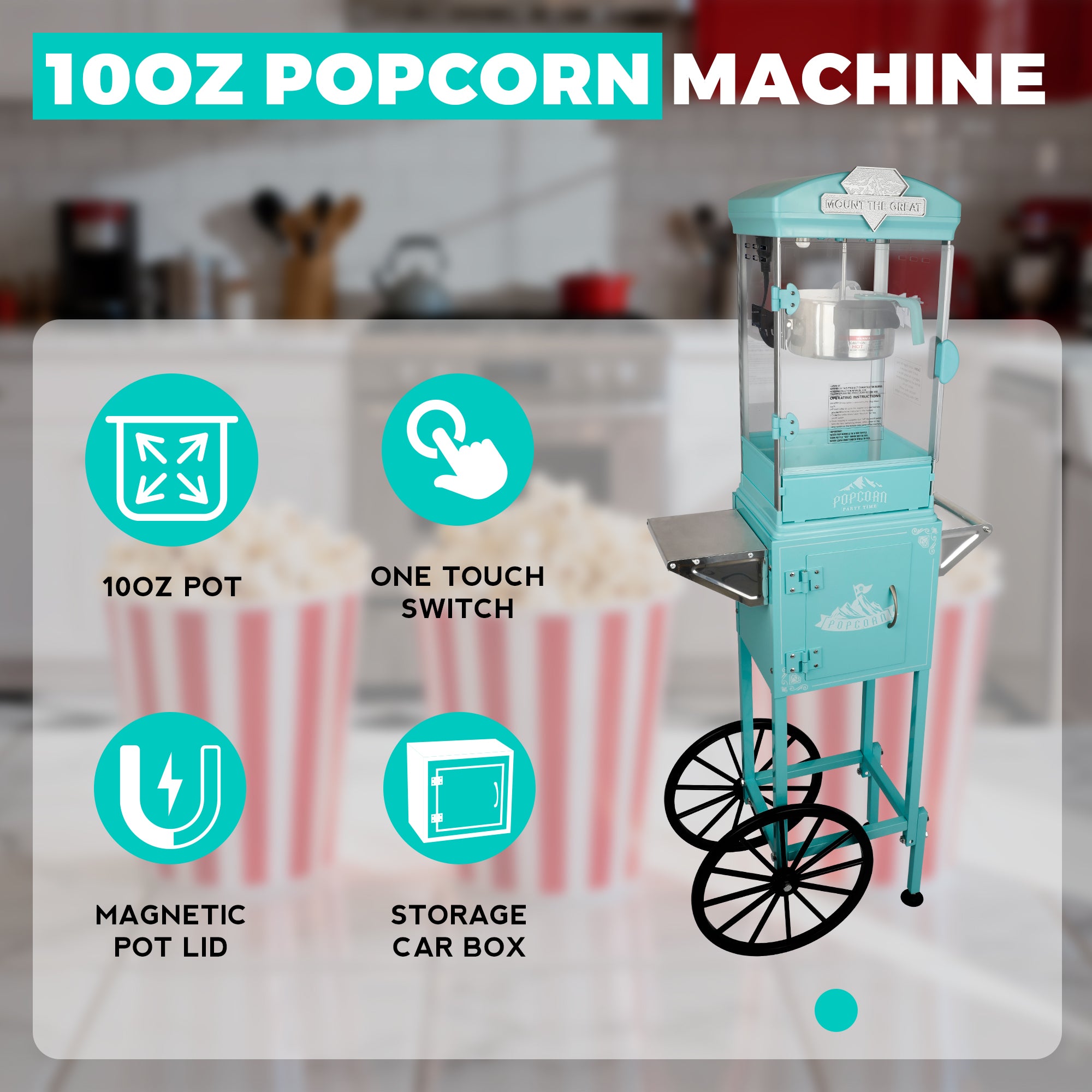 10 Oz Popcorn Machine Cart with Wheel, Holaki Popcorn Maker Machine with Stainless-Steel Kettle Makes Up to 40 Cups, Popcorn Machine for Commercial Home Movie Theater