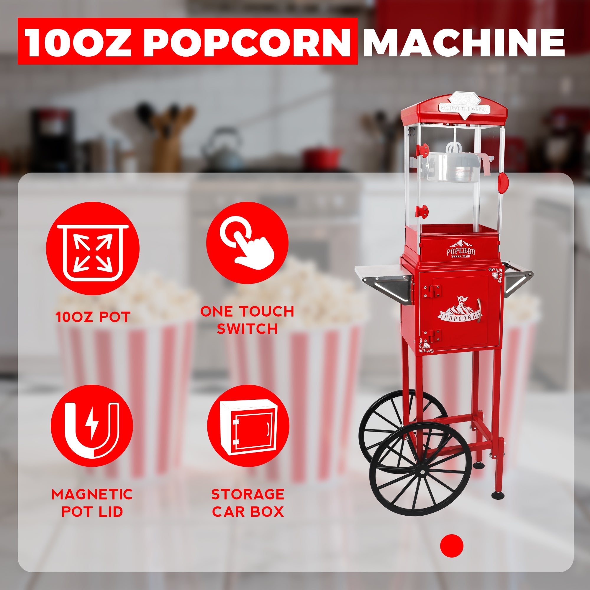 10 Oz Popcorn Machine Cart with Wheel, Holaki Popcorn Maker Machine with Stainless-Steel Kettle Makes Up to 40 Cups, Popcorn Machine for Commercial Home Movie Theater