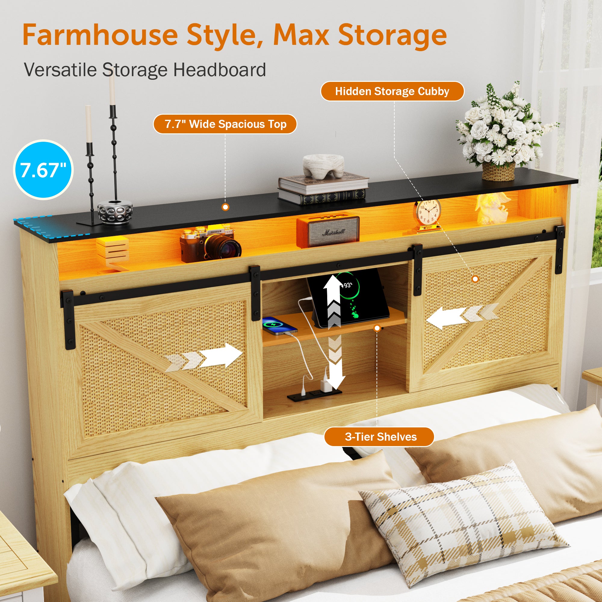 Holaki Farmhouse Queen Size Bed Frame with Storage Headboard, 2 Drawers, Charging Station & RGB LED Lights, Wood Platform Bed with Shelves & Hidden Storage, No Box Spring Required, Dark Brown