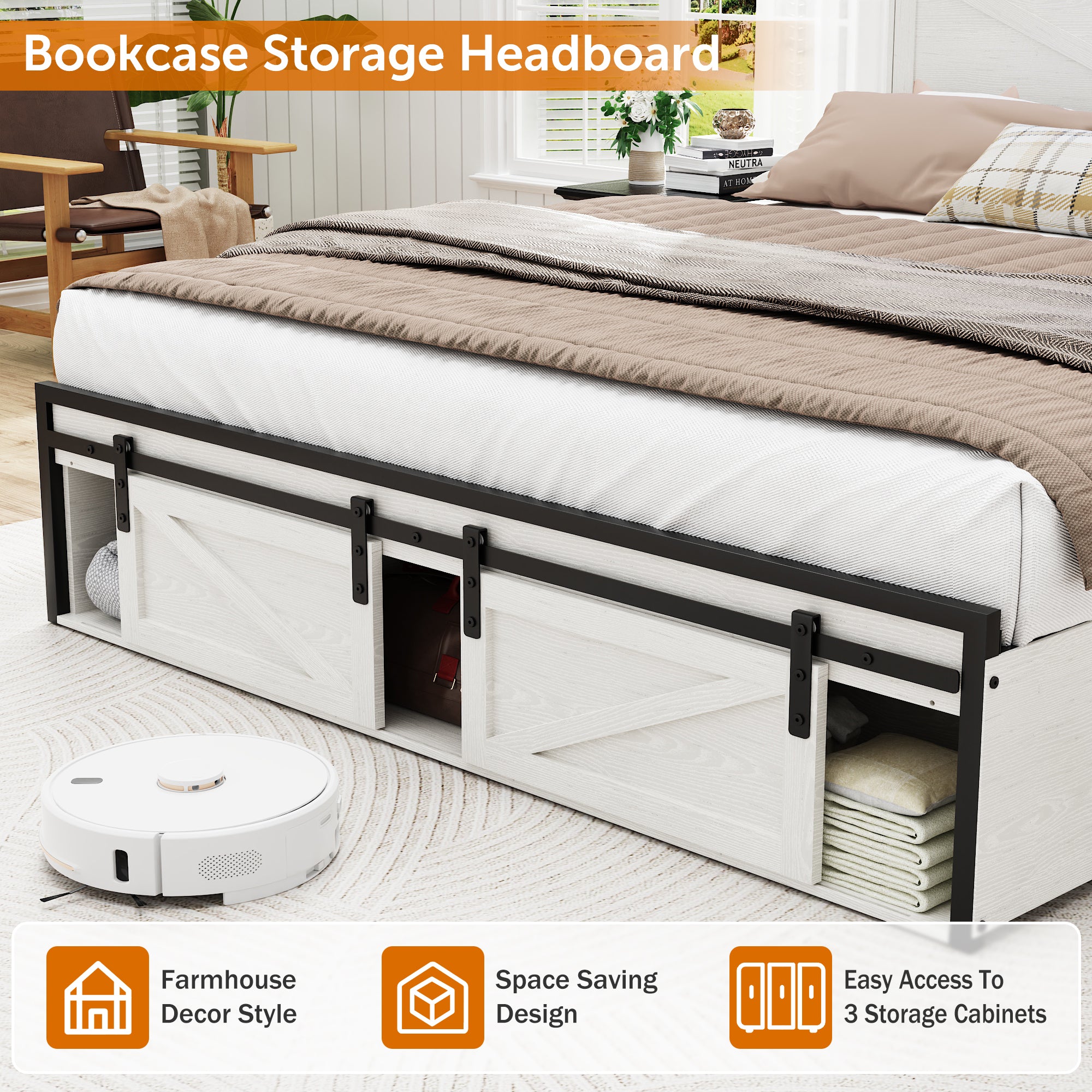 Queen Size Bed Frame, Holaki Farmhouse Queen Bed Frame with Storage Headboard, Charging Station & LED Lights, 2 Storage Drawers, No Box Spring Needed, Noise Free, Easy Assembly, White