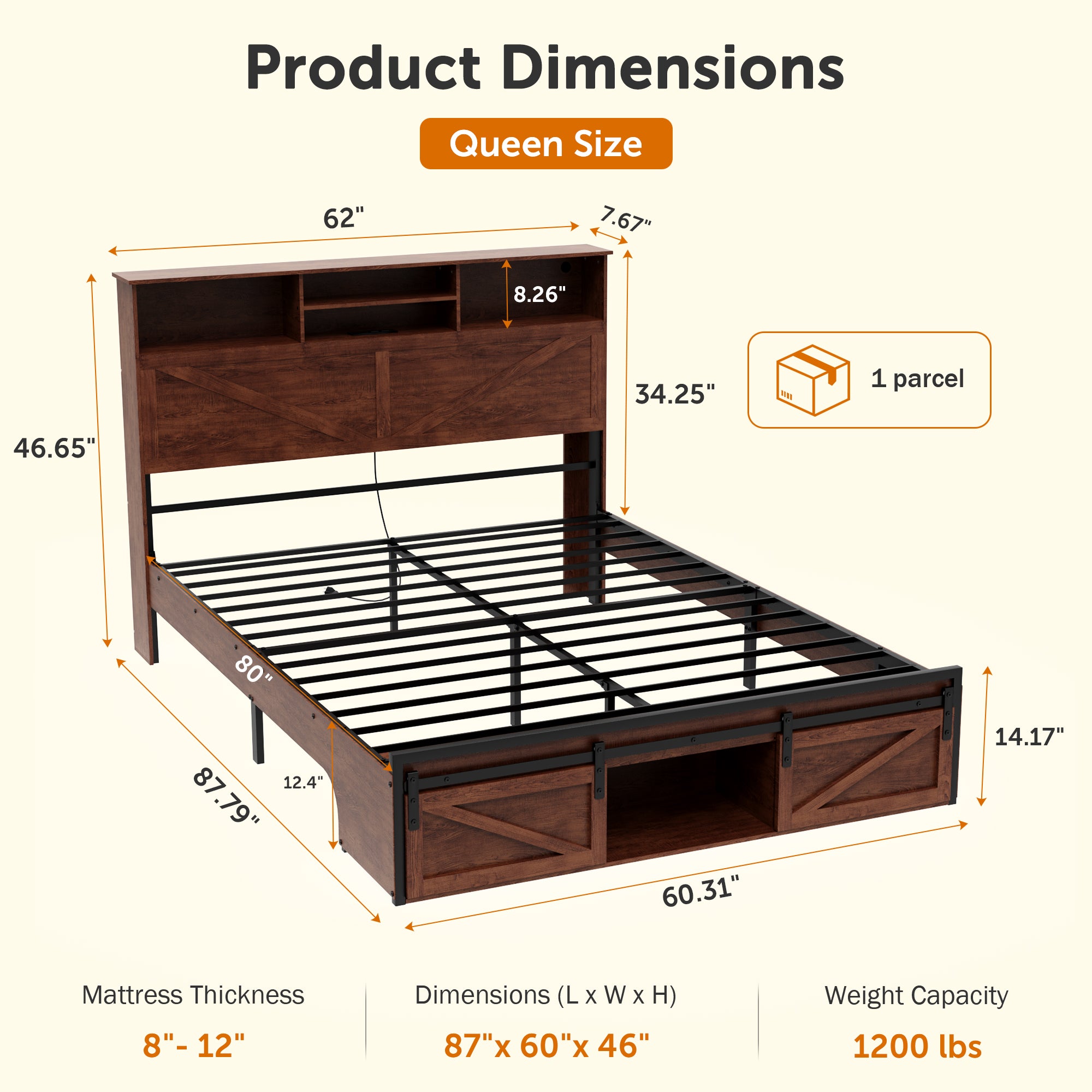 Holaki Farmhouse Queen Size Bed Frame with Storage Headboard, 2 Drawers, Charging Station & RGB LED Lights, Wood Platform Bed with Shelves & Hidden Storage, No Box Spring Required, Dark Brown