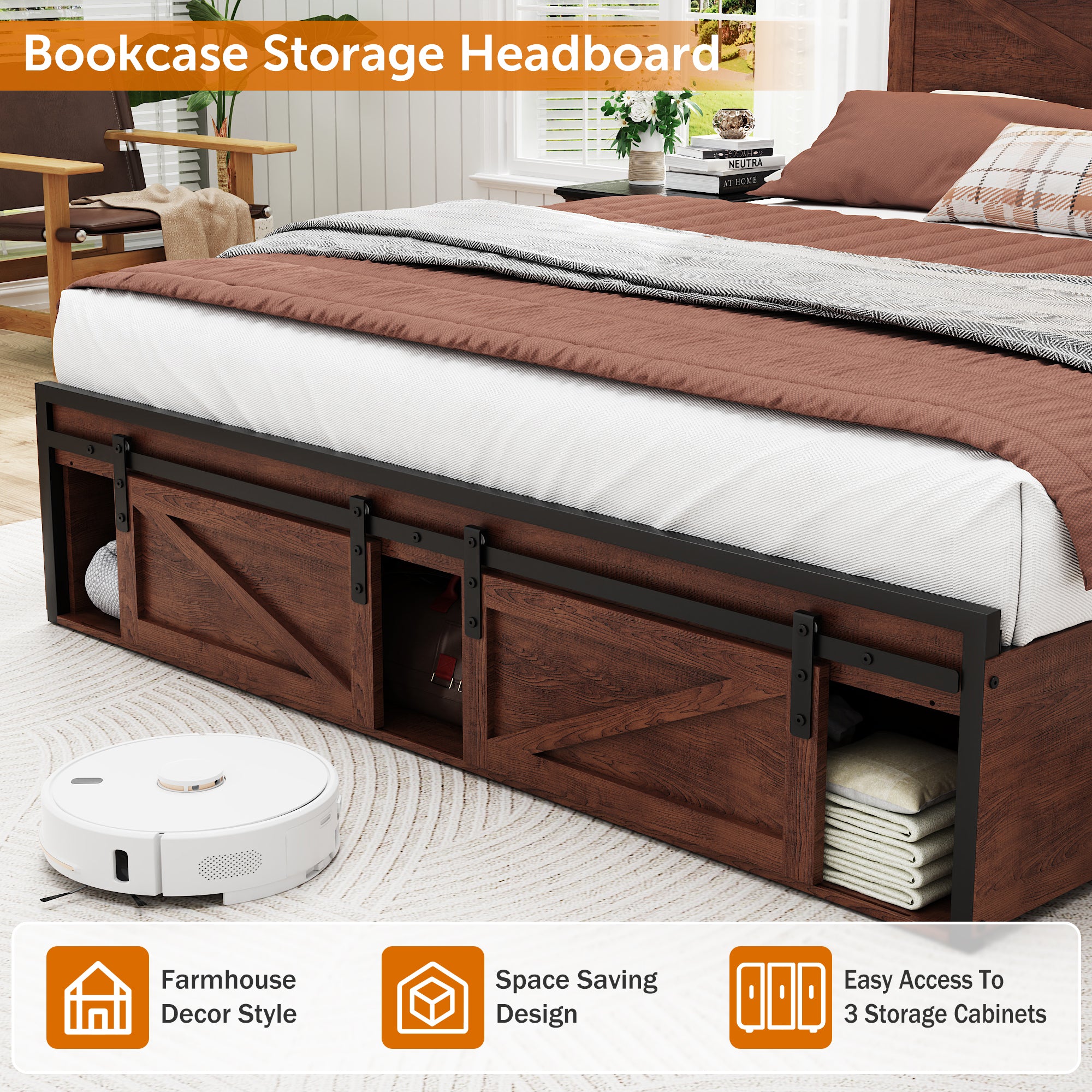 Holaki Farmhouse Queen Size Bed Frame with Storage Headboard, 2 Drawers, Charging Station & RGB LED Lights, Wood Platform Bed with Shelves & Hidden Storage, No Box Spring Required, Dark Brown