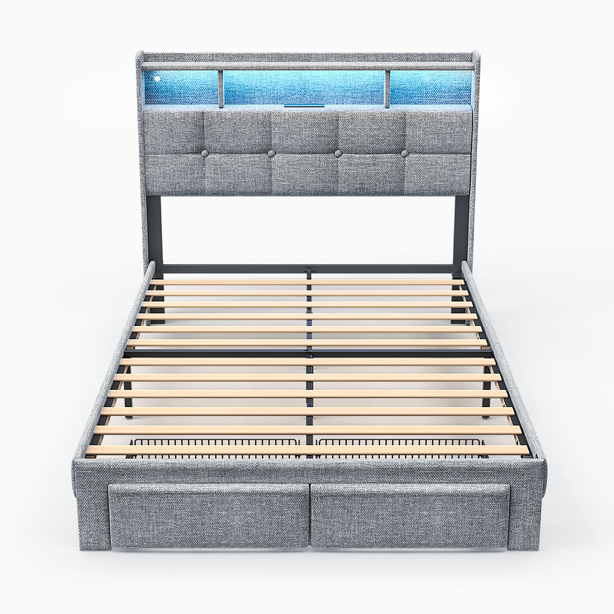 Full Bed Frame with Upholstered Headboard, Holaki Heavy Duty Metal Platform Bed Frame Full Size with 2 Storage Drawers, Charging Station & LED Lights, No Box Spring Needed, Noise Free, Dark Gray