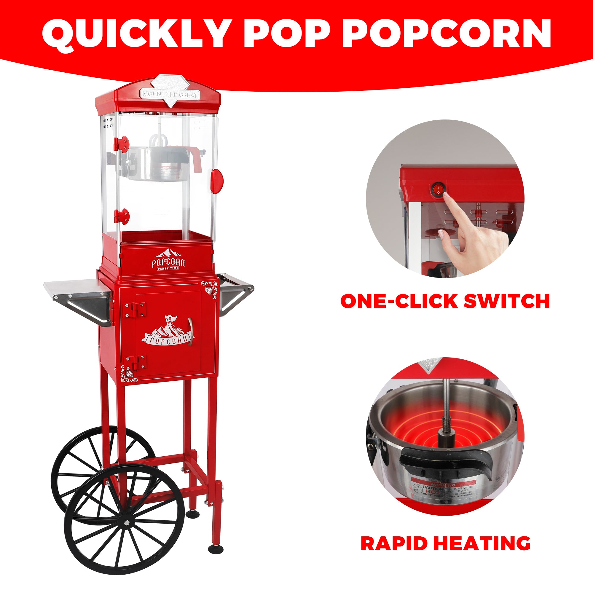 10 Oz Popcorn Machine Cart with Wheel, Holaki Popcorn Maker Machine with Stainless-Steel Kettle Makes Up to 40 Cups, Popcorn Machine for Commercial Home Movie Theater