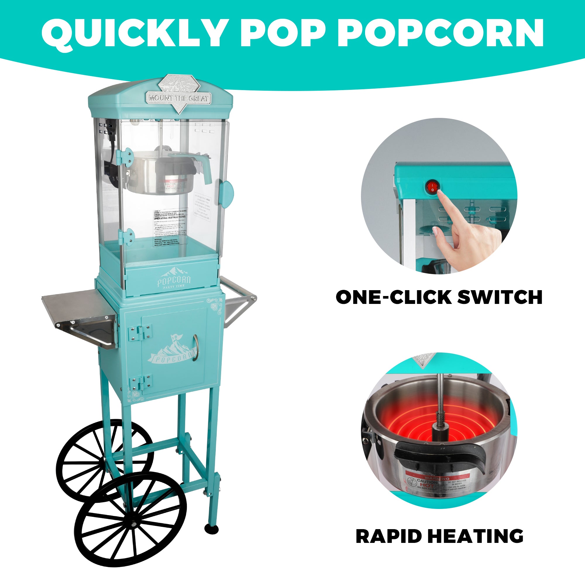 10 Oz Popcorn Machine Cart with Wheel, Holaki Popcorn Maker Machine with Stainless-Steel Kettle Makes Up to 40 Cups, Popcorn Machine for Commercial Home Movie Theater