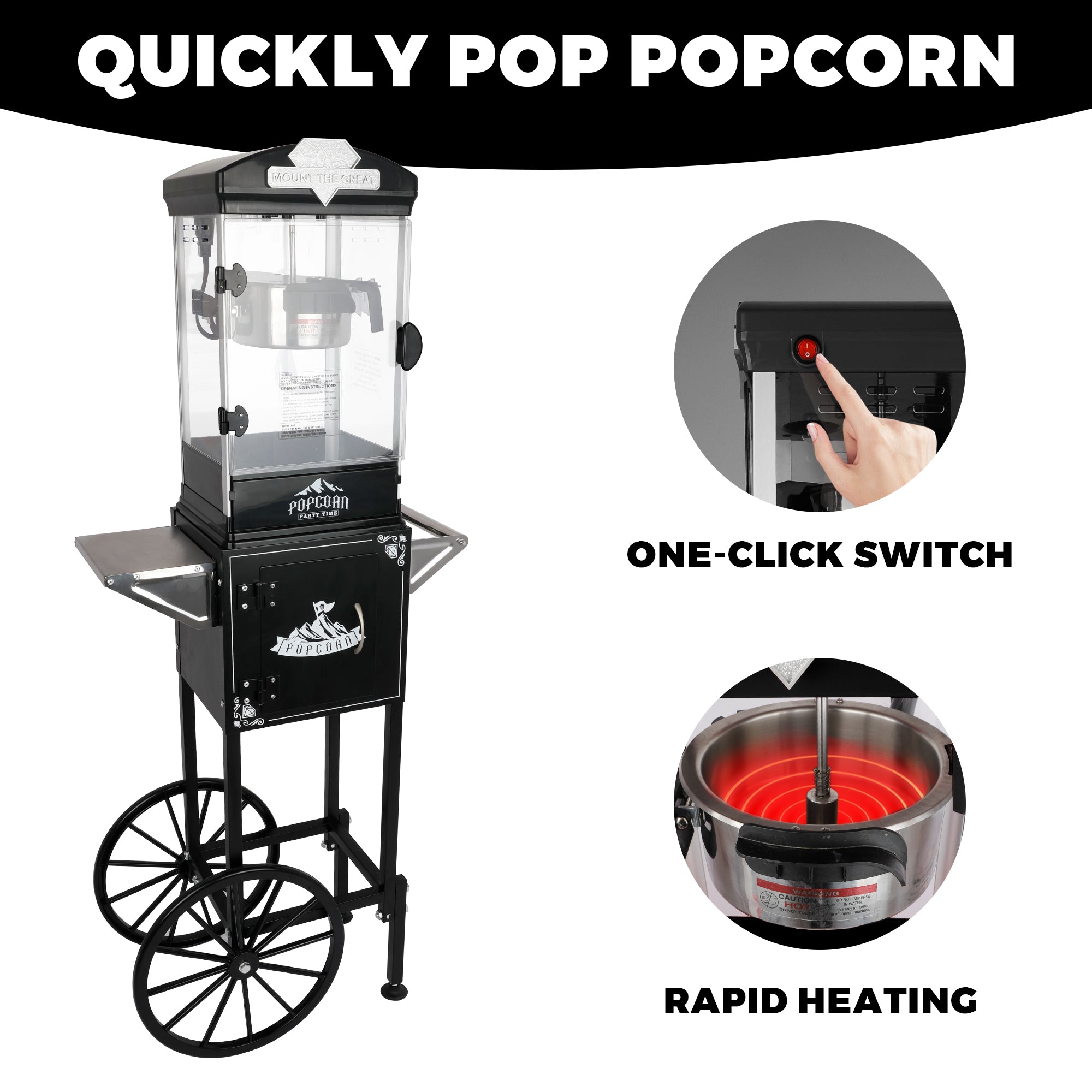 10 Oz Popcorn Machine Cart with Wheel, Holaki Popcorn Maker Machine with Stainless-Steel Kettle Makes Up to 40 Cups, Popcorn Machine for Commercial Home Movie Theater