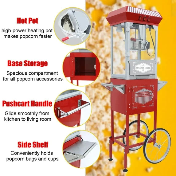 12OZ Popcorn Machine with Cart, Holaki Movie Theater Popcorn Maker Machine with Stainless Steel Kettle, Tempered Glass, 8" Shelf, Popcorn Machine for Kids Party Home, Black