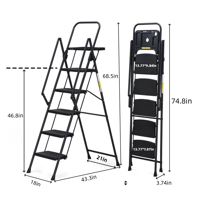 5 Step Ladder with Handrails, Holaki Folding Step Stool with Widened Anti-Slip Pedal, 500lbs Lightweight Step Ladder 6 Step Folding, Multi-Use for Home Kitchen Pantry Office, Black