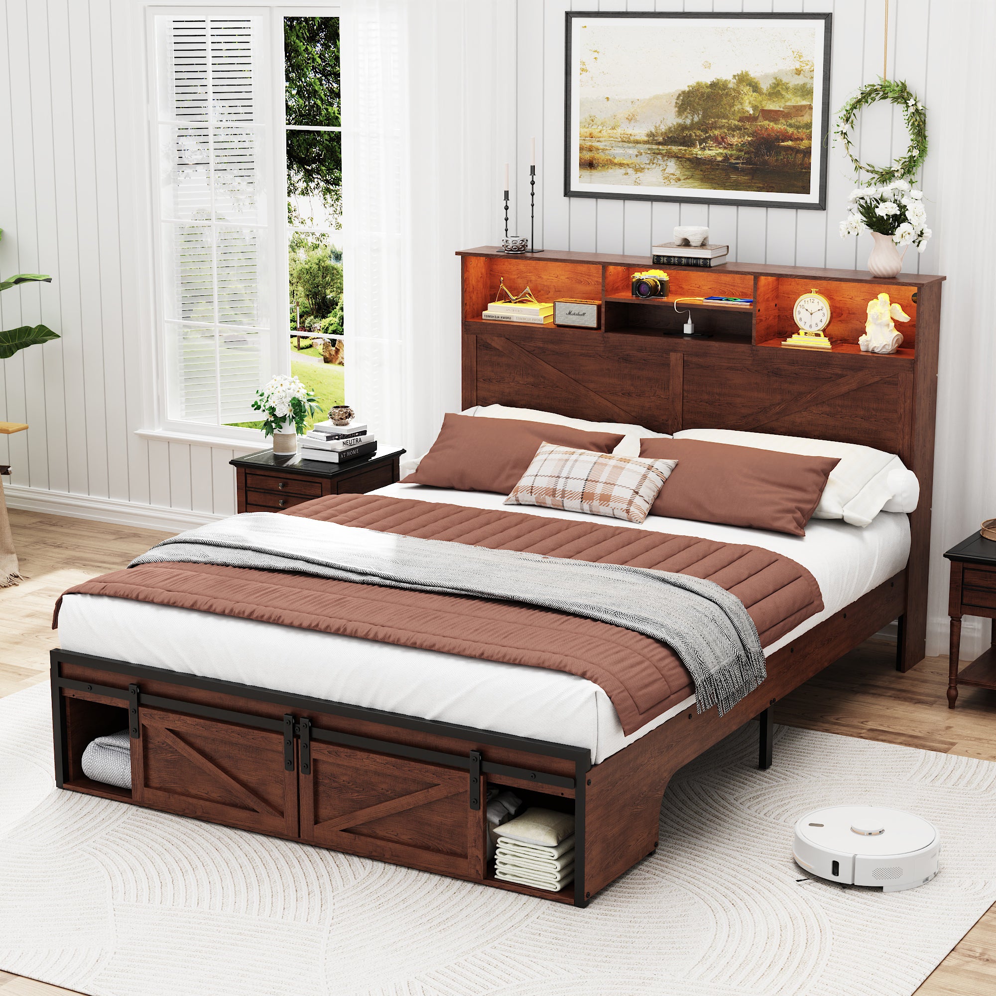 Holaki Farmhouse Queen Size Bed Frame with Storage Headboard, 2 Drawers, Charging Station & RGB LED Lights, Wood Platform Bed with Shelves & Hidden Storage, No Box Spring Required, Dark Brown