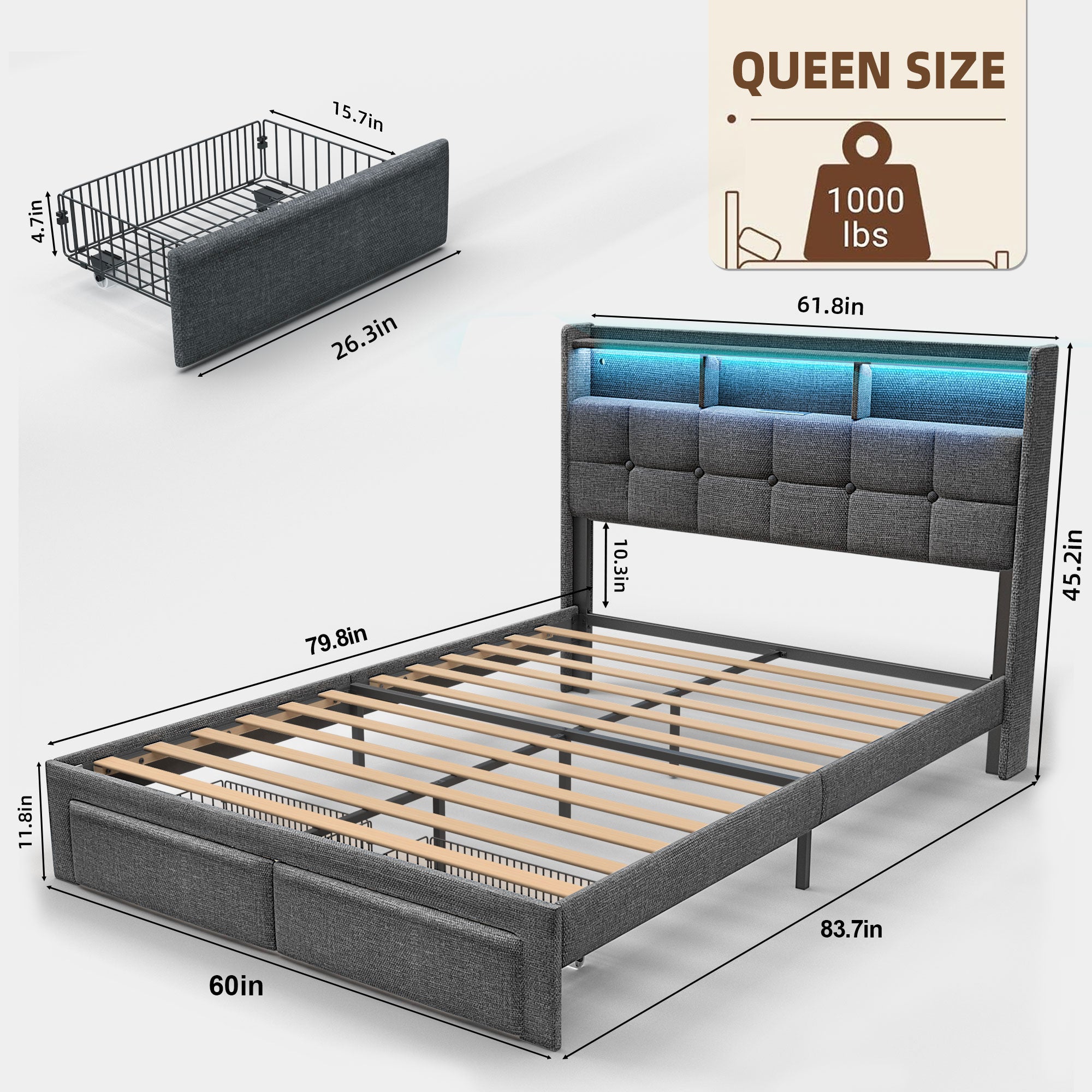 Full Bed Frame with Upholstered Headboard, Holaki Heavy Duty Metal Platform Bed Frame Full Size with 2 Storage Drawers, Charging Station & LED Lights, No Box Spring Needed, Noise Free, Dark Gray