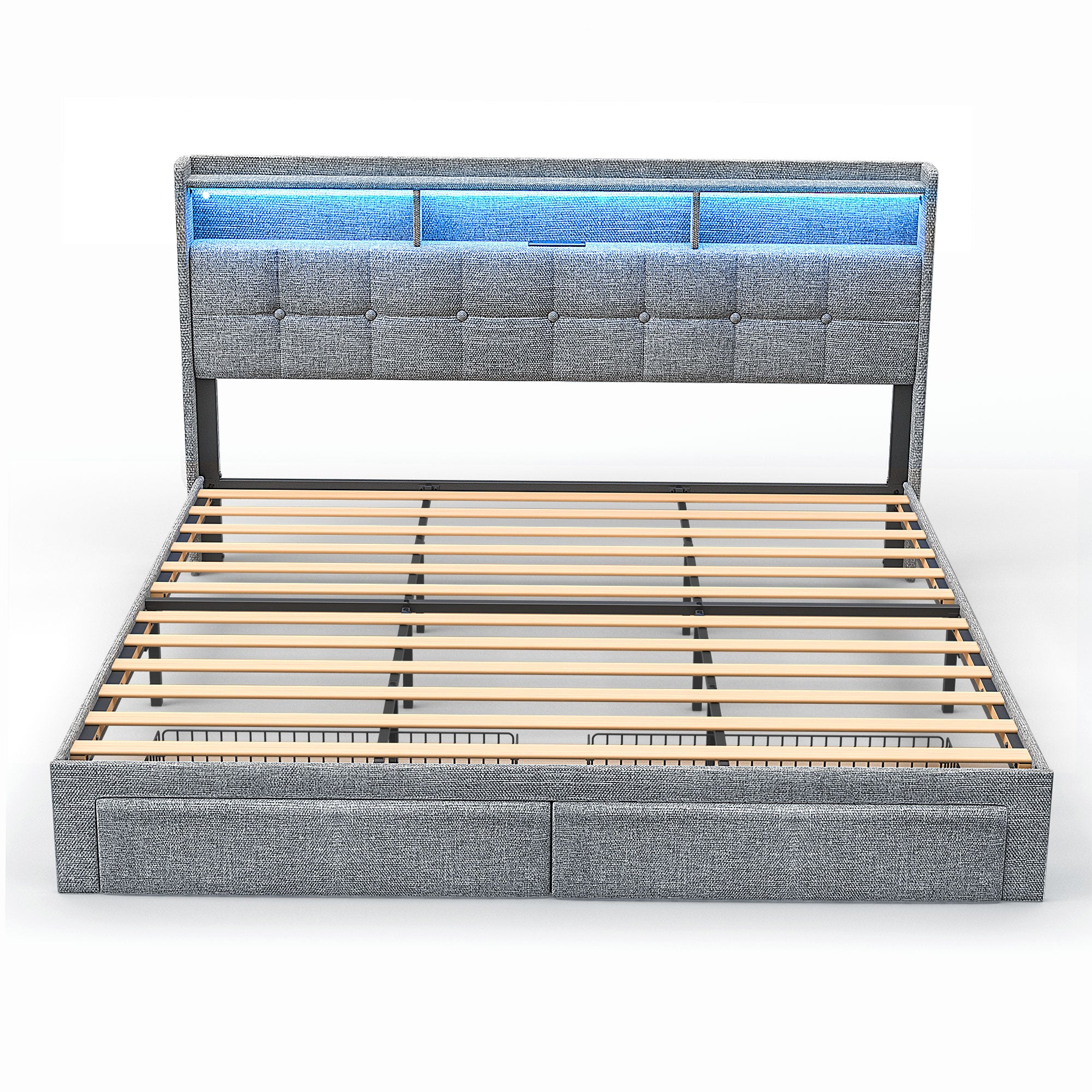 Full Bed Frame with Upholstered Headboard, Holaki Heavy Duty Metal Platform Bed Frame Full Size with 2 Storage Drawers, Charging Station & LED Lights, No Box Spring Needed, Noise Free, Dark Gray