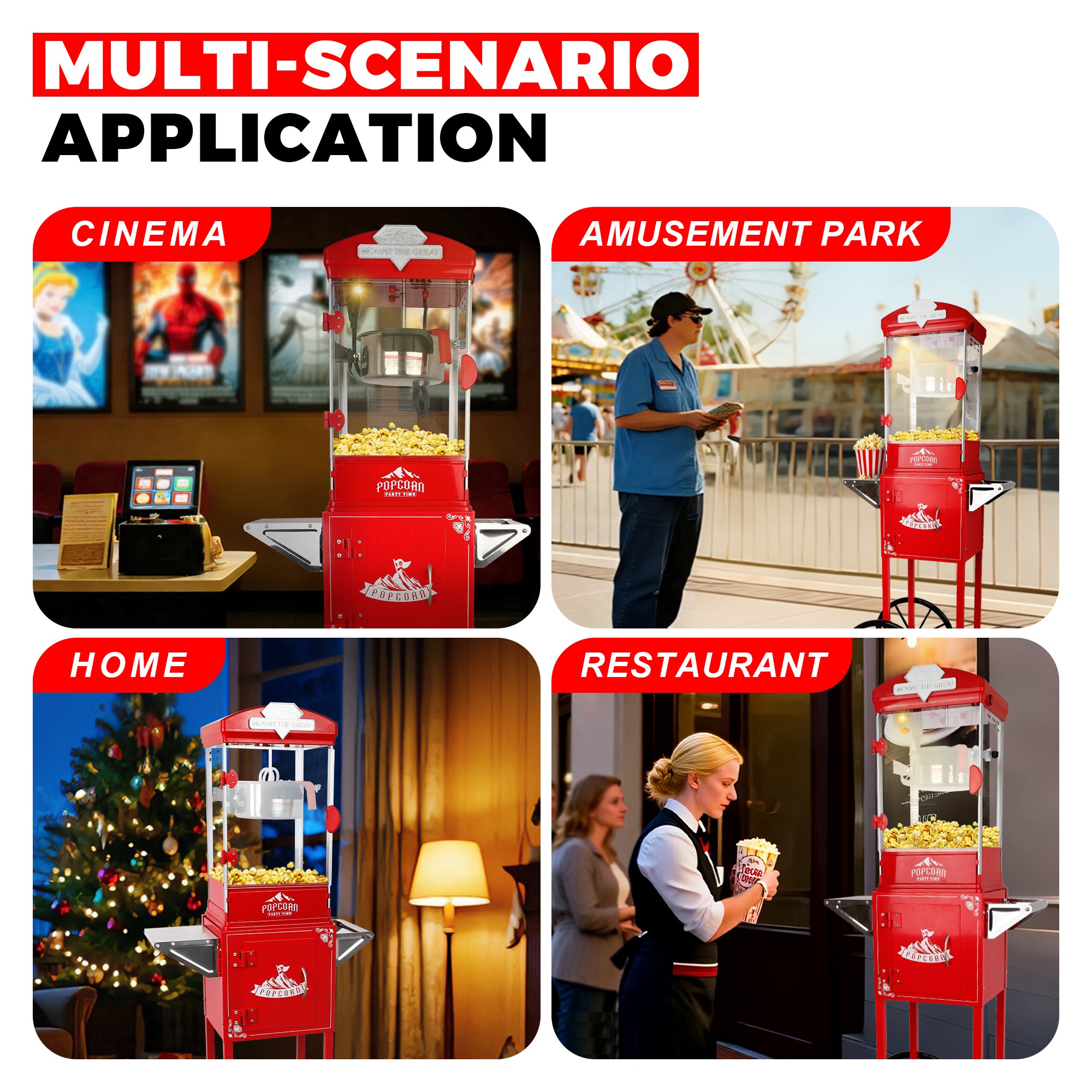 10 Oz Popcorn Machine Cart with Wheel, Holaki Popcorn Maker Machine with Stainless-Steel Kettle Makes Up to 40 Cups, Popcorn Machine for Commercial Home Movie Theater