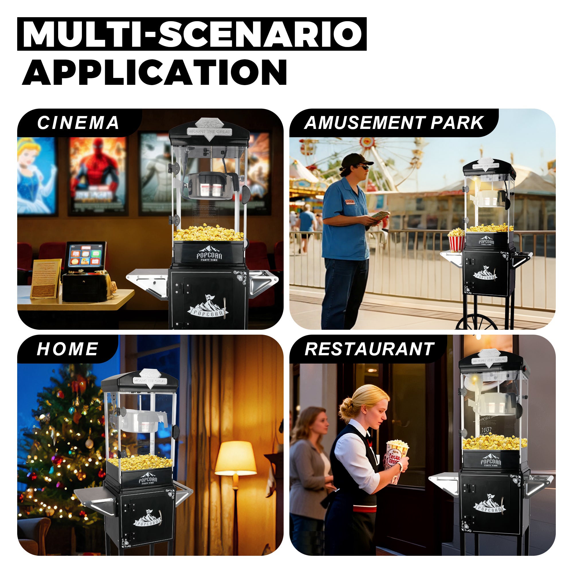 10 Oz Popcorn Machine Cart with Wheel, Holaki Popcorn Maker Machine with Stainless-Steel Kettle Makes Up to 40 Cups, Popcorn Machine for Commercial Home Movie Theater