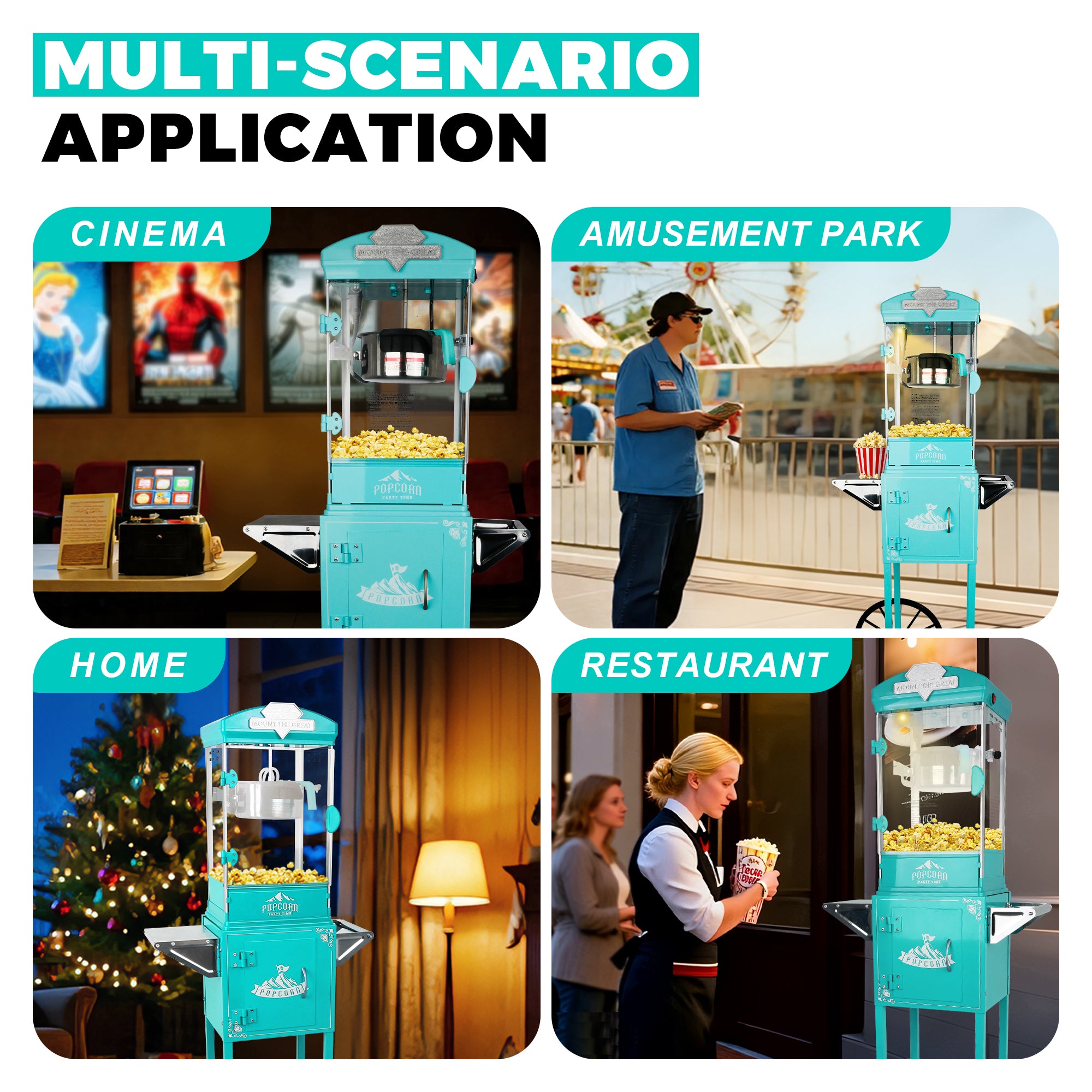 10 Oz Popcorn Machine Cart with Wheel, Holaki Popcorn Maker Machine with Stainless-Steel Kettle Makes Up to 40 Cups, Popcorn Machine for Commercial Home Movie Theater