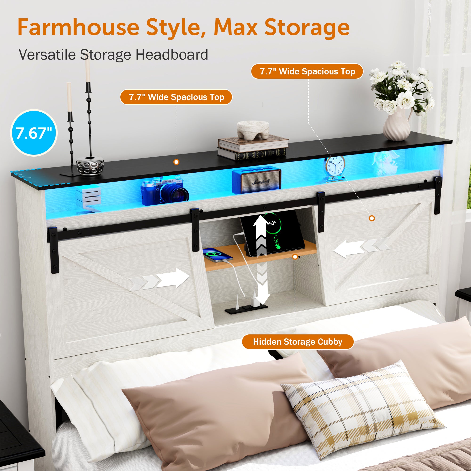 Holaki Farmhouse Queen Size Bed Frame with Storage Headboard, 2 Drawers, Charging Station & RGB LED Lights, Wood Platform Bed with Shelves & Hidden Storage, No Box Spring Required, Dark Brown