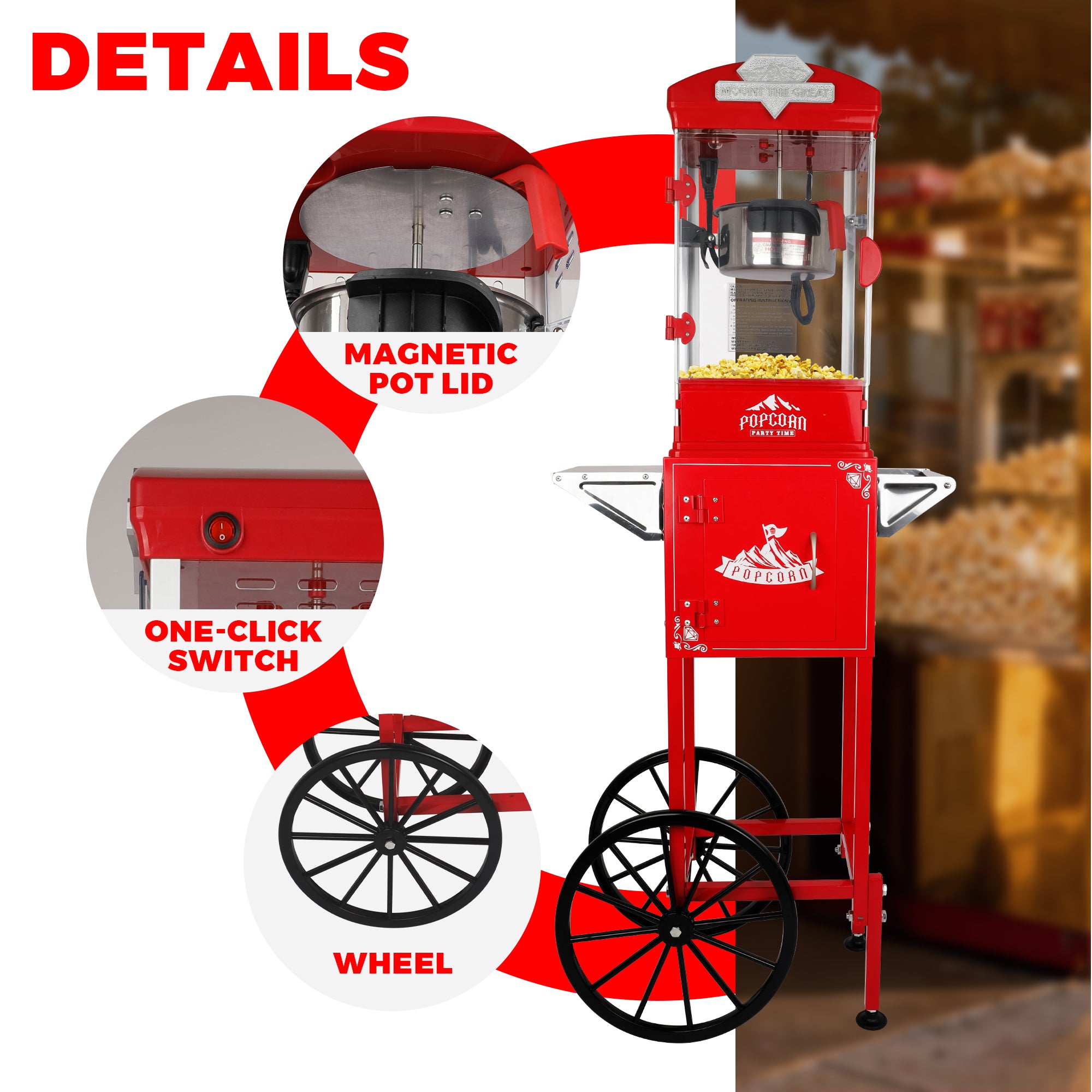10 Oz Popcorn Machine Cart with Wheel, Holaki Popcorn Maker Machine with Stainless-Steel Kettle Makes Up to 40 Cups, Popcorn Machine for Commercial Home Movie Theater