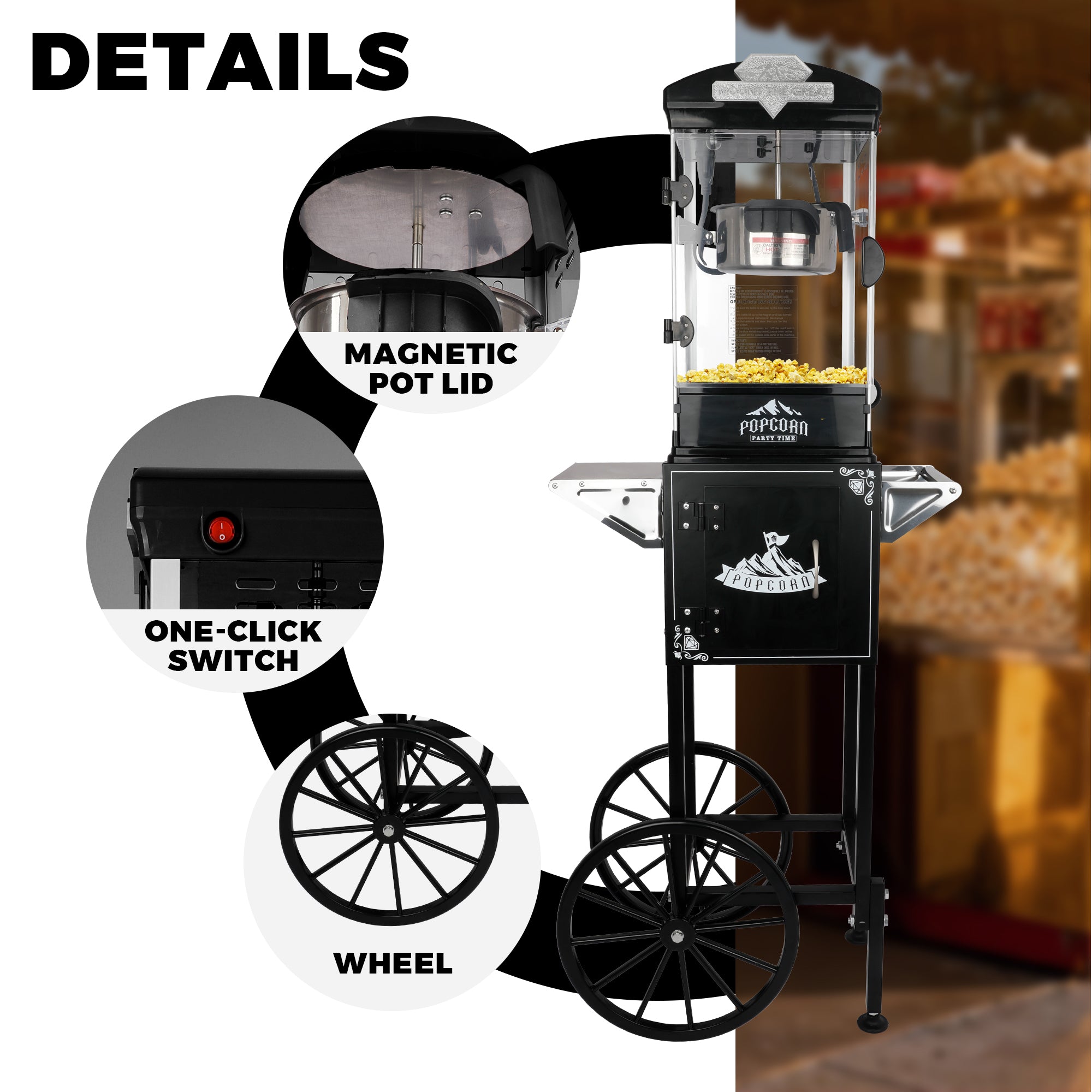10 Oz Popcorn Machine Cart with Wheel, Holaki Popcorn Maker Machine with Stainless-Steel Kettle Makes Up to 40 Cups, Popcorn Machine for Commercial Home Movie Theater