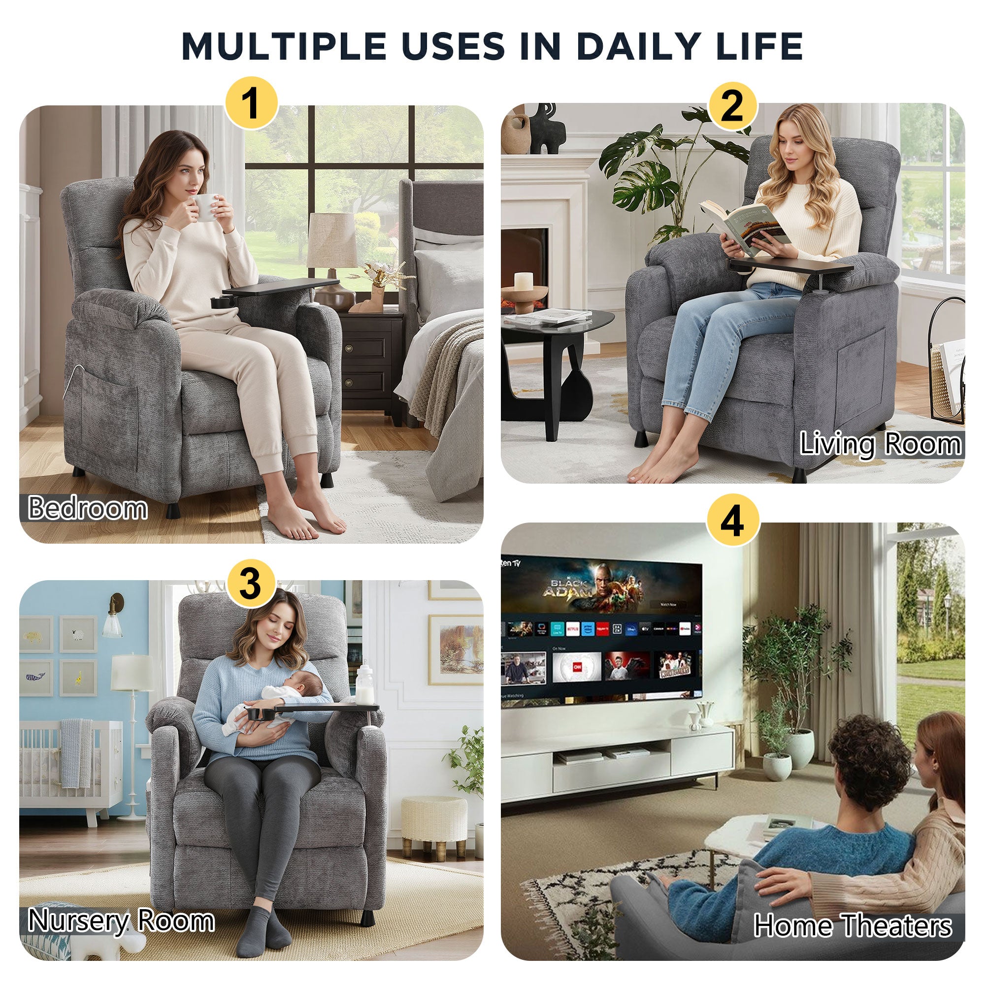 Holaki Power Recliner Chair, Modern Chenille Recliner Chair Swivel Table Top & Built in Cup, Adjustable Home Theater Seating with Lumbar Support, Small Nursery Recliner for Living Room