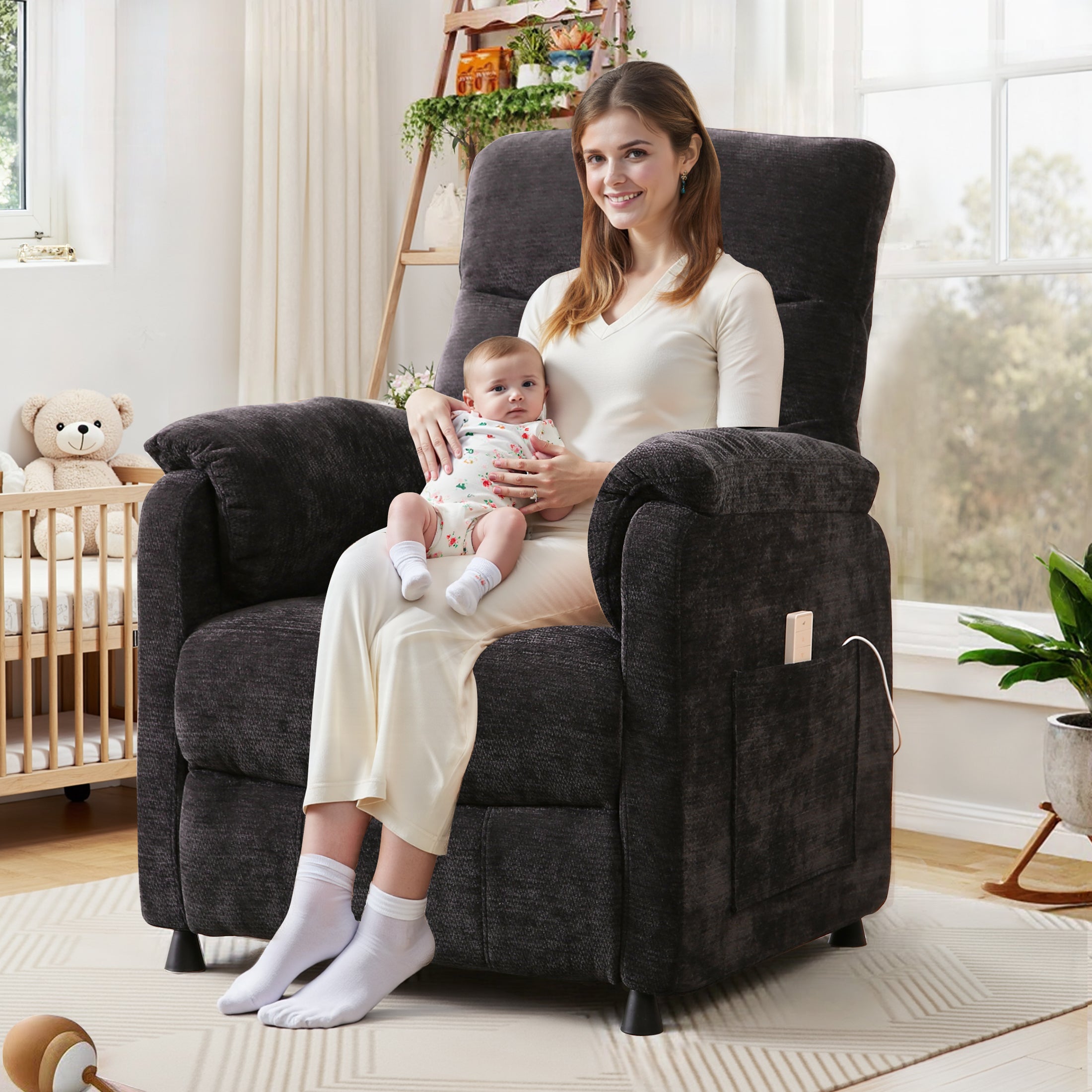 Electric Power Recliner Chair, Modern Chenille Fabric Recliner with Side Pocket & Remote, Nursery Recliner Chair for Living Room Small Space