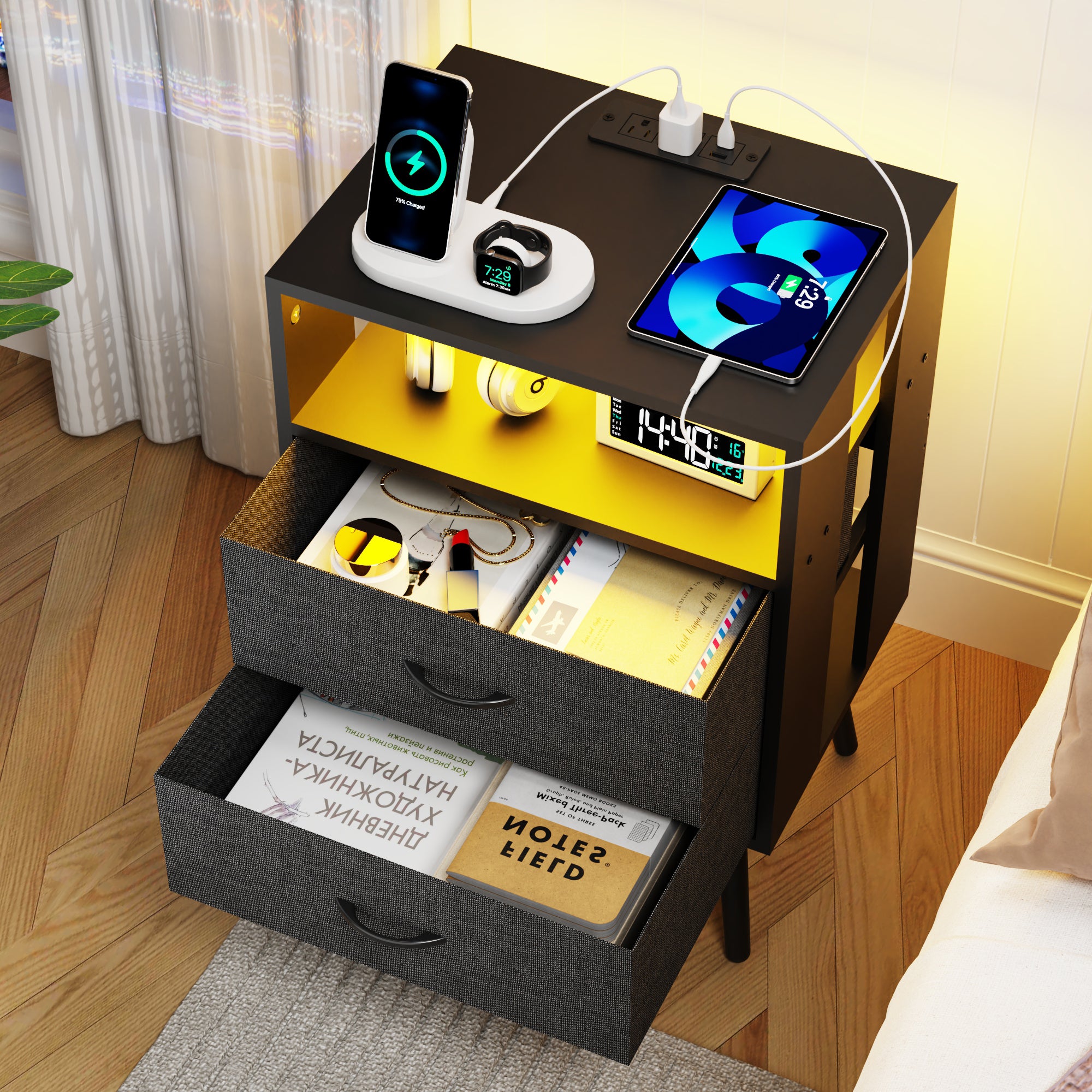 Nightstand Set of 2, Holaki Nightstand with Charging Station for Bedroom, Night Stand with LED Light & Fabric Drawers, Dresser Bedside Table for Living Room, Black