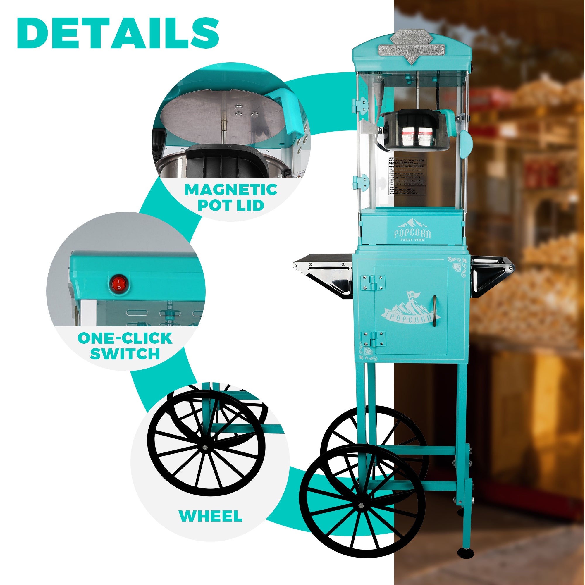 10 Oz Popcorn Machine Cart with Wheel, Holaki Popcorn Maker Machine with Stainless-Steel Kettle Makes Up to 40 Cups, Popcorn Machine for Commercial Home Movie Theater