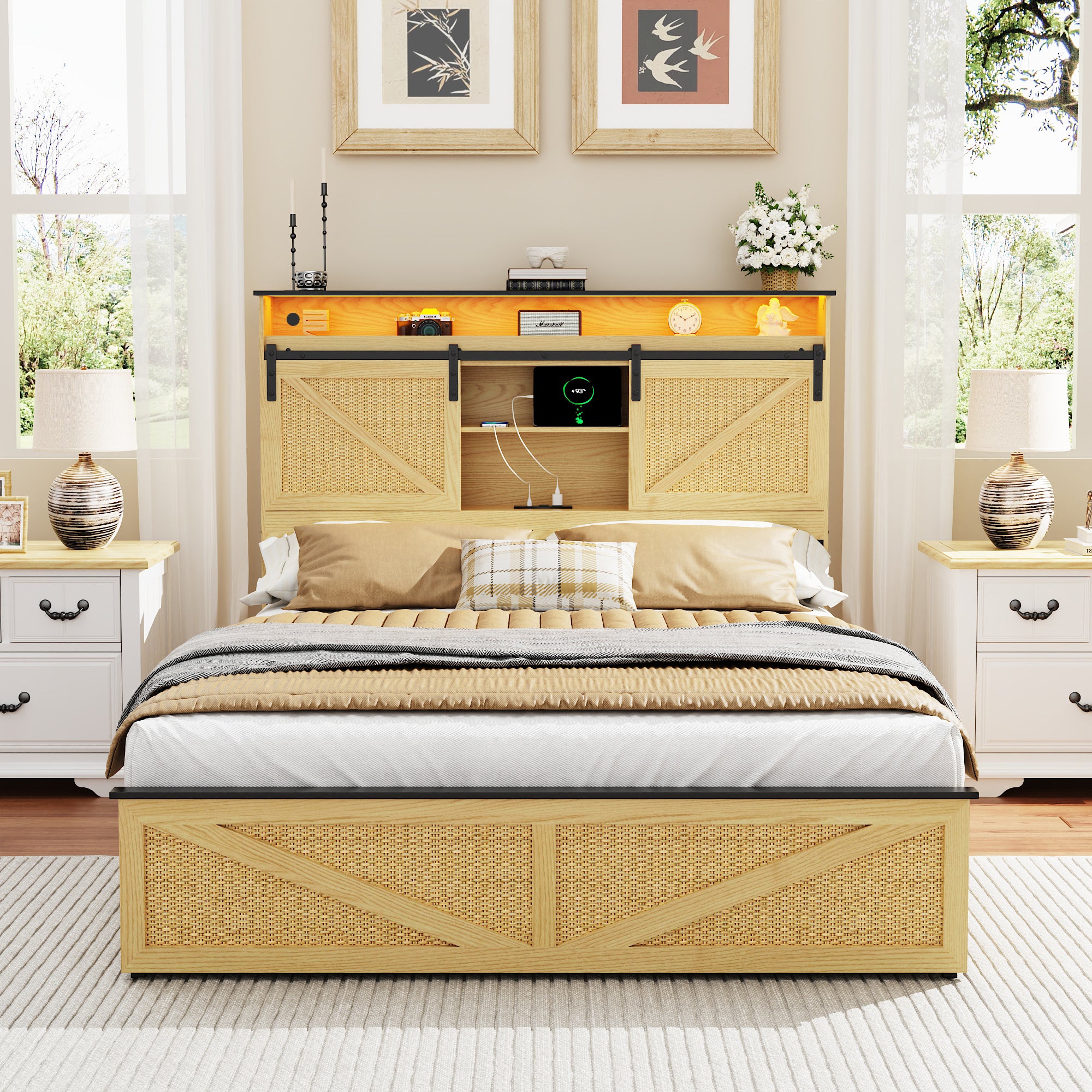 Holaki Farmhouse Queen Size Bed Frame with Storage Headboard, 2 Drawers, Charging Station & RGB LED Lights, Wood Platform Bed with Shelves & Hidden Storage, No Box Spring Required, Dark Brown