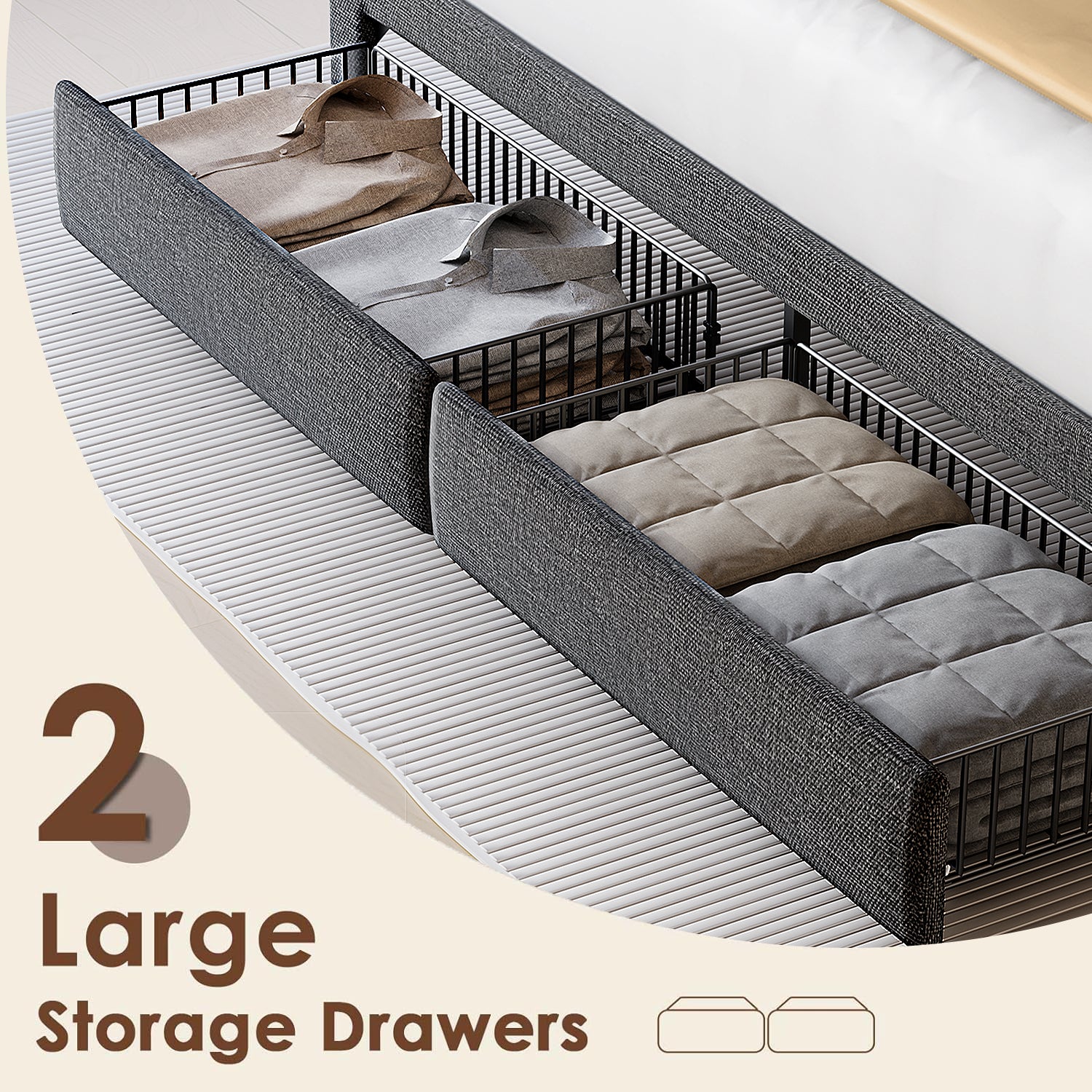 Full Bed Frame with Upholstered Headboard, Holaki Heavy Duty Metal Platform Bed Frame Full Size with 2 Storage Drawers, Charging Station & LED Lights, No Box Spring Needed, Noise Free, Dark Gray