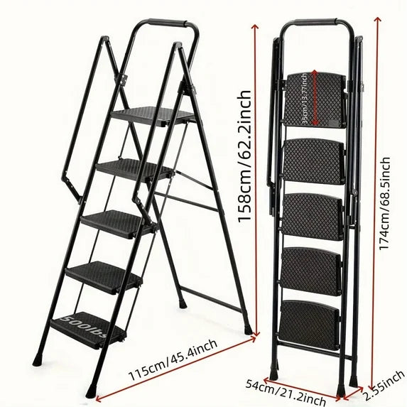 5 Step Ladder with Handrails, Folding Step Stool with Widened Anti-Slip Pedal, 500lbs Lightweight Step Ladder 5 Step Folding, Multi-use for Home Kitchen Pantry Office