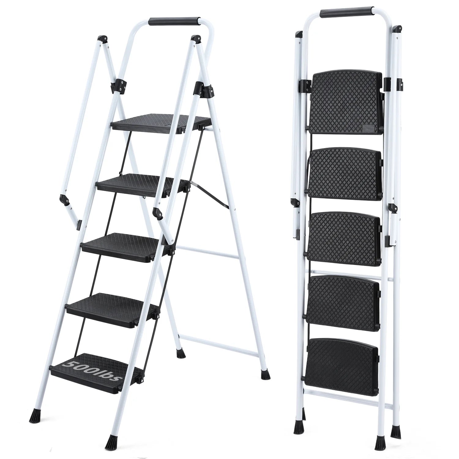 5 Step Ladder with Handrails, Folding Step Stool with Widened Anti-Slip Pedal, 500lbs Lightweight Step Ladder 5 Step Folding, Multi-use for Home Kitchen Pantry Office