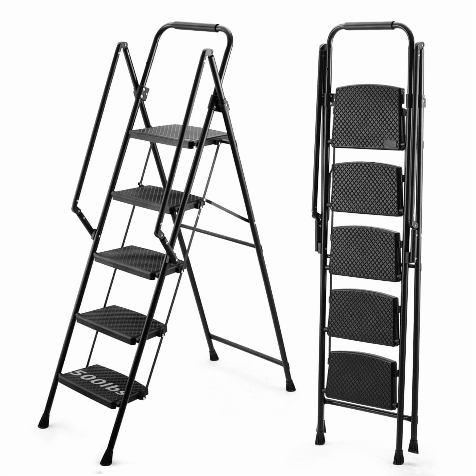 5 Step Ladder with Handrails, Folding Step Stool with Widened Anti-Slip Pedal, 500lbs Lightweight Step Ladder 5 Step Folding, Multi-use for Home Kitchen Pantry Office