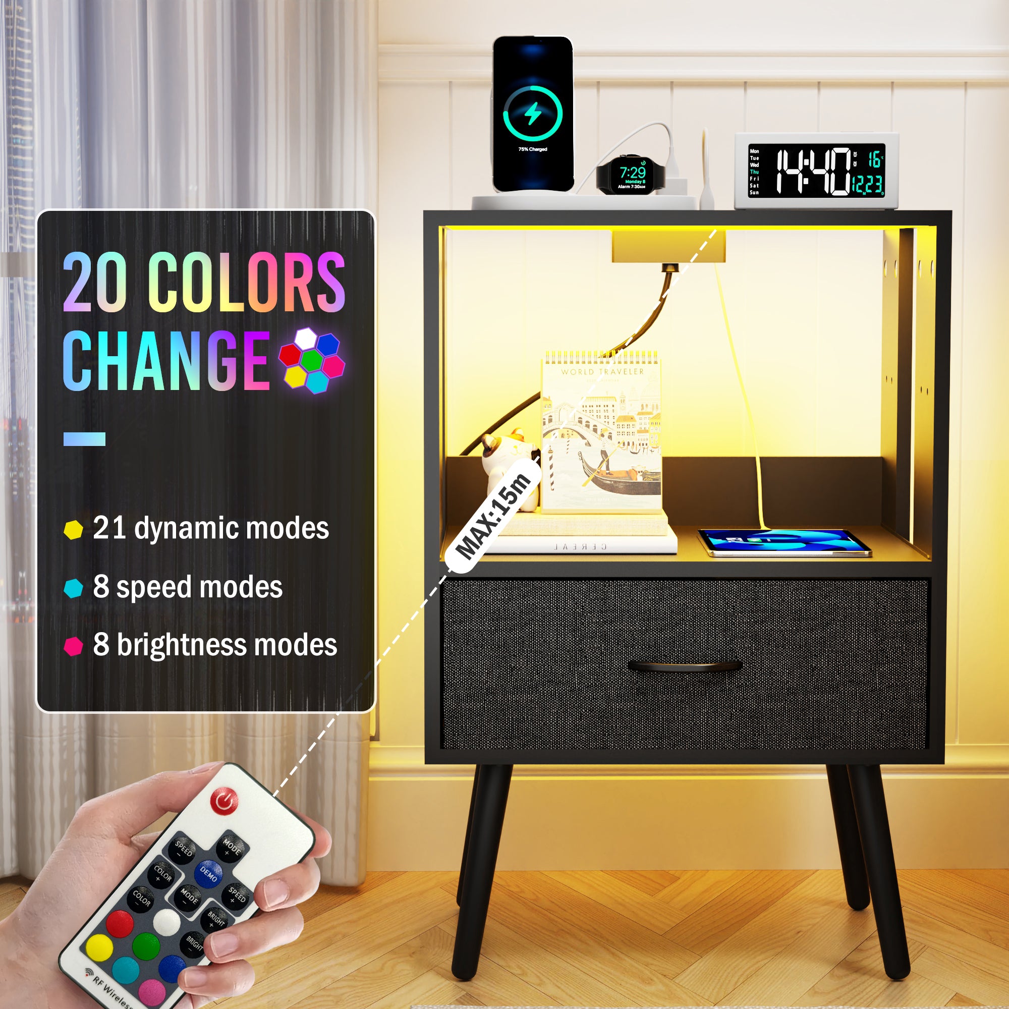 Nightstand Set of 2, Holaki Nightstand with Charging Station for Bedroom, Night Stand with LED Light & Fabric Drawers, Dresser Bedside Table for Living Room, Black