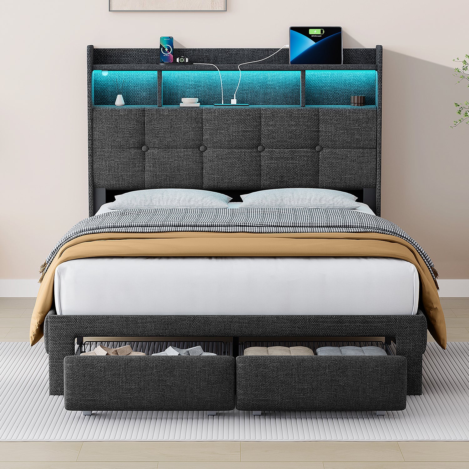 Full Bed Frame with Upholstered Headboard, Holaki Heavy Duty Metal Platform Bed Frame Full Size with 2 Storage Drawers, Charging Station & LED Lights, No Box Spring Needed, Noise Free, Dark Gray