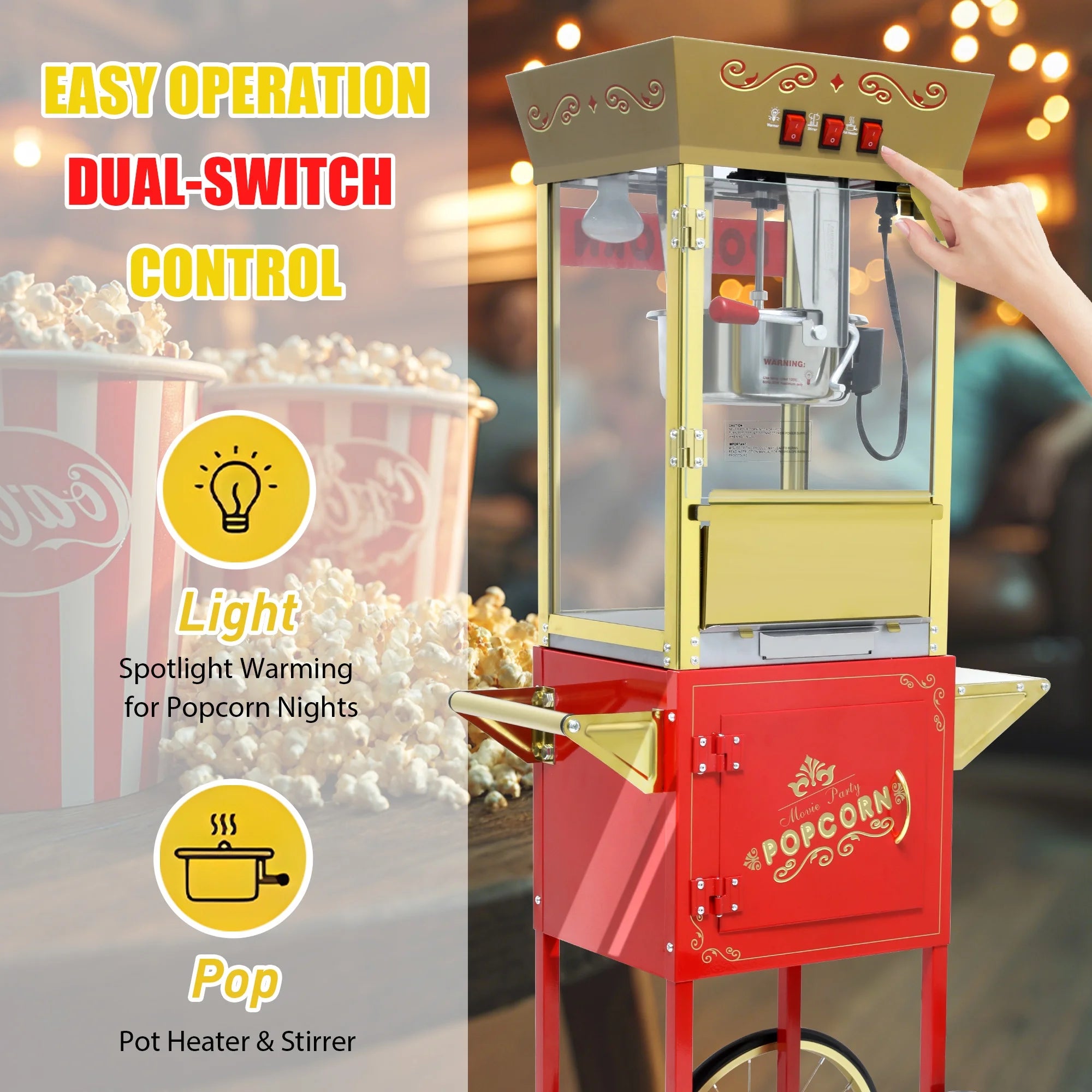 12OZ Popcorn Machine with Cart, Holaki Movie Theater Popcorn Maker Machine with Stainless Steel Kettle, Tempered Glass, 8" Shelf, Popcorn Machine for Kids Party Home, Black