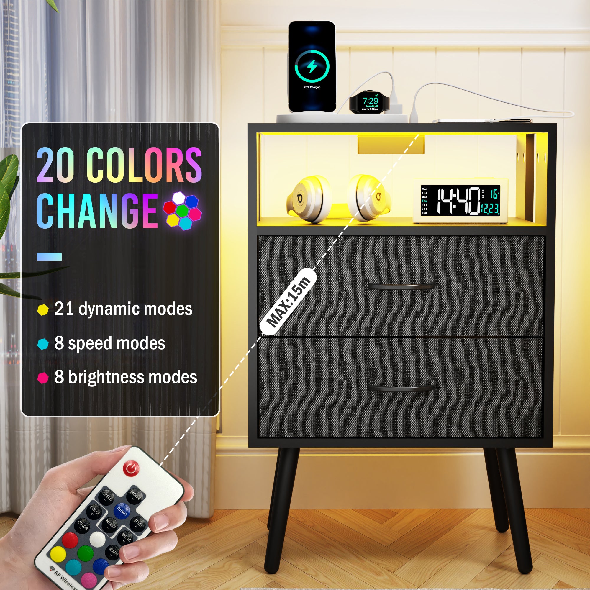 Nightstand Set of 2, Holaki Nightstand with Charging Station for Bedroom, Night Stand with LED Light & Fabric Drawers, Dresser Bedside Table for Living Room, Black