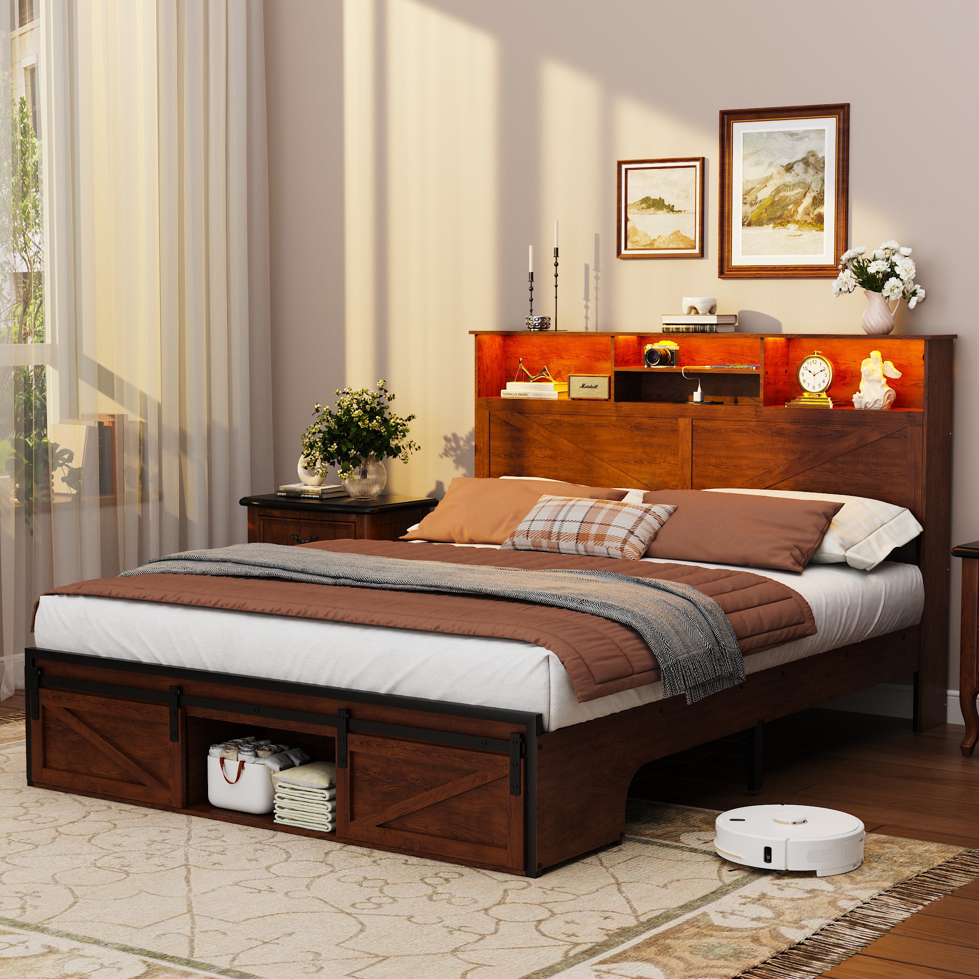Queen Size Bed Frame, Holaki Farmhouse Queen Bed Frame with Storage Headboard, Charging Station & LED Lights, 2 Storage Drawers, No Box Spring Needed, Noise Free, Easy Assembly, White