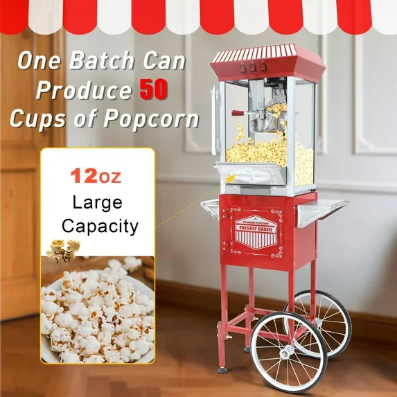 12OZ Popcorn Machine with Cart, Holaki Movie Theater Popcorn Maker Machine with Stainless Steel Kettle, Tempered Glass, 8" Shelf, Popcorn Machine for Kids Party Home, Black