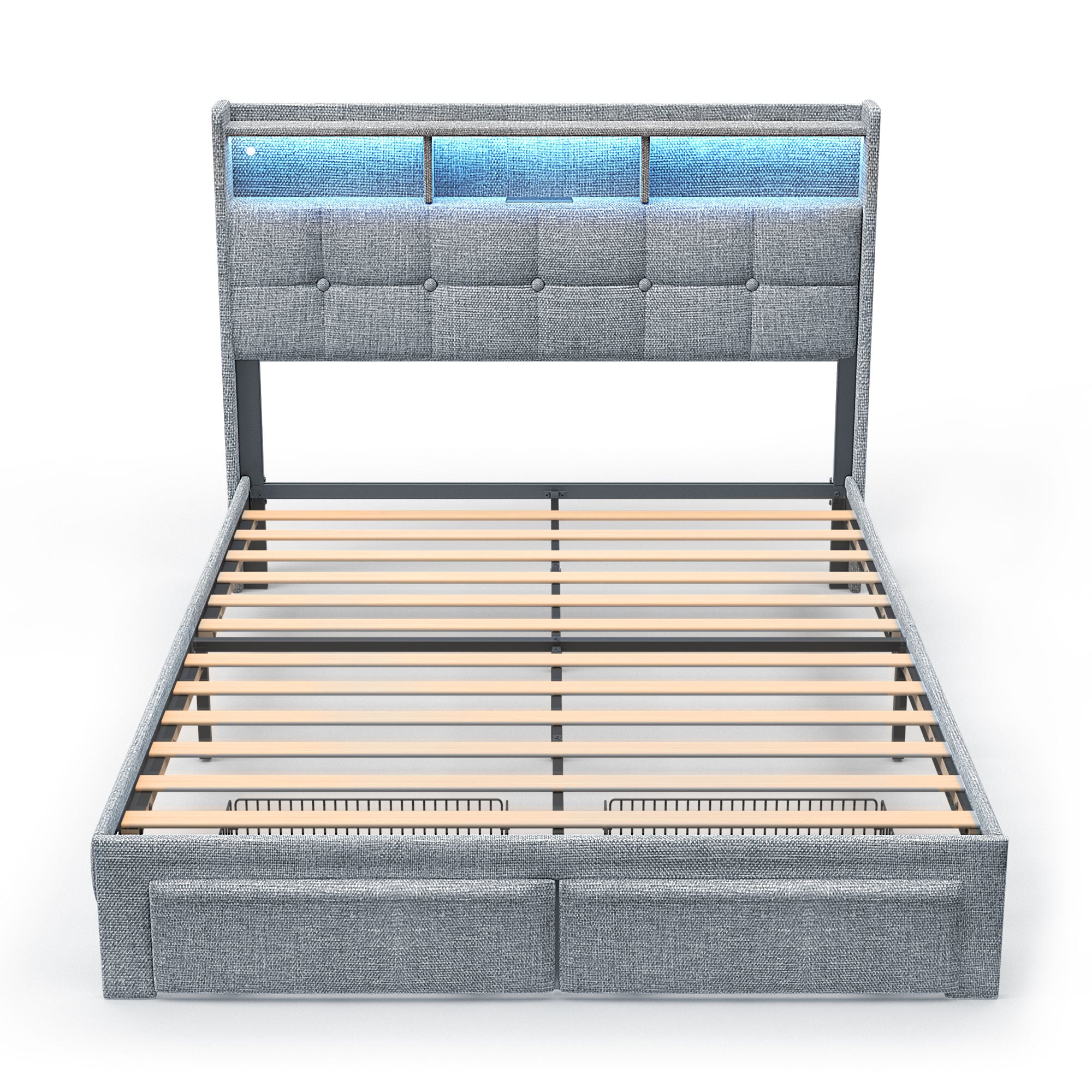 Full Bed Frame with Upholstered Headboard, Holaki Heavy Duty Metal Platform Bed Frame Full Size with 2 Storage Drawers, Charging Station & LED Lights, No Box Spring Needed, Noise Free, Dark Gray