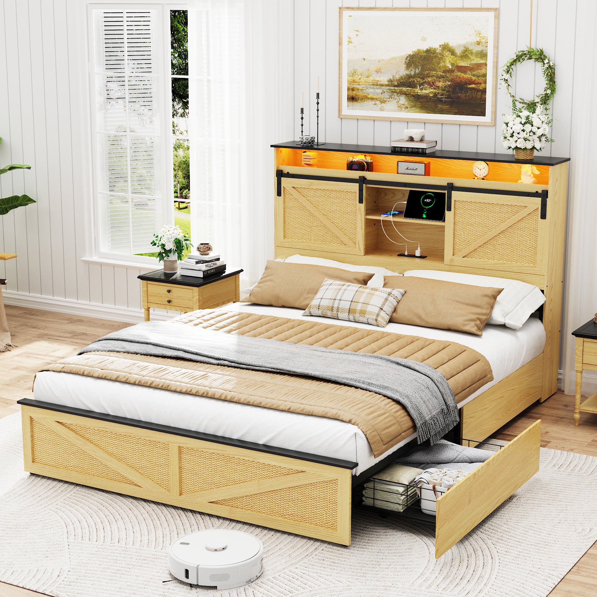 Holaki Farmhouse Queen Size Bed Frame with Storage Headboard, 2 Drawers, Charging Station & RGB LED Lights, Wood Platform Bed with Shelves & Hidden Storage, No Box Spring Required, Dark Brown