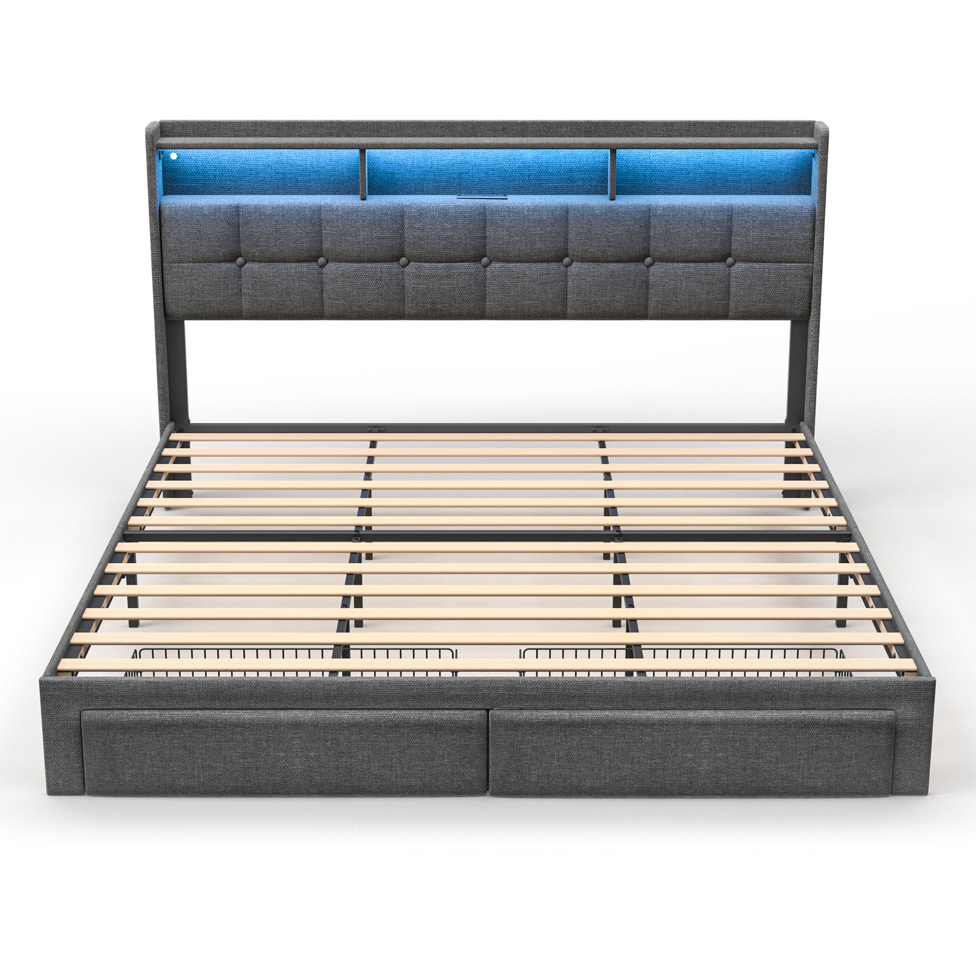 Full Bed Frame with Upholstered Headboard, Holaki Heavy Duty Metal Platform Bed Frame Full Size with 2 Storage Drawers, Charging Station & LED Lights, No Box Spring Needed, Noise Free, Dark Gray